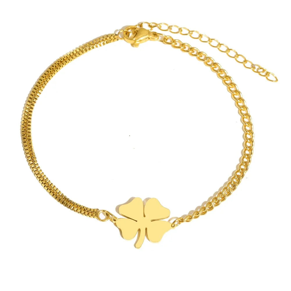 Dainty four leaf clover layered chain bracelet