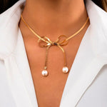 Load image into Gallery viewer, Dainty Herringbone Pearl Bow Necklace
