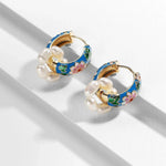 Load image into Gallery viewer, Floral Elegance Pearl Enamel Hoop Earrings