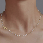 Load image into Gallery viewer, Dainty Faux Pearl Cross Station Choker Necklace