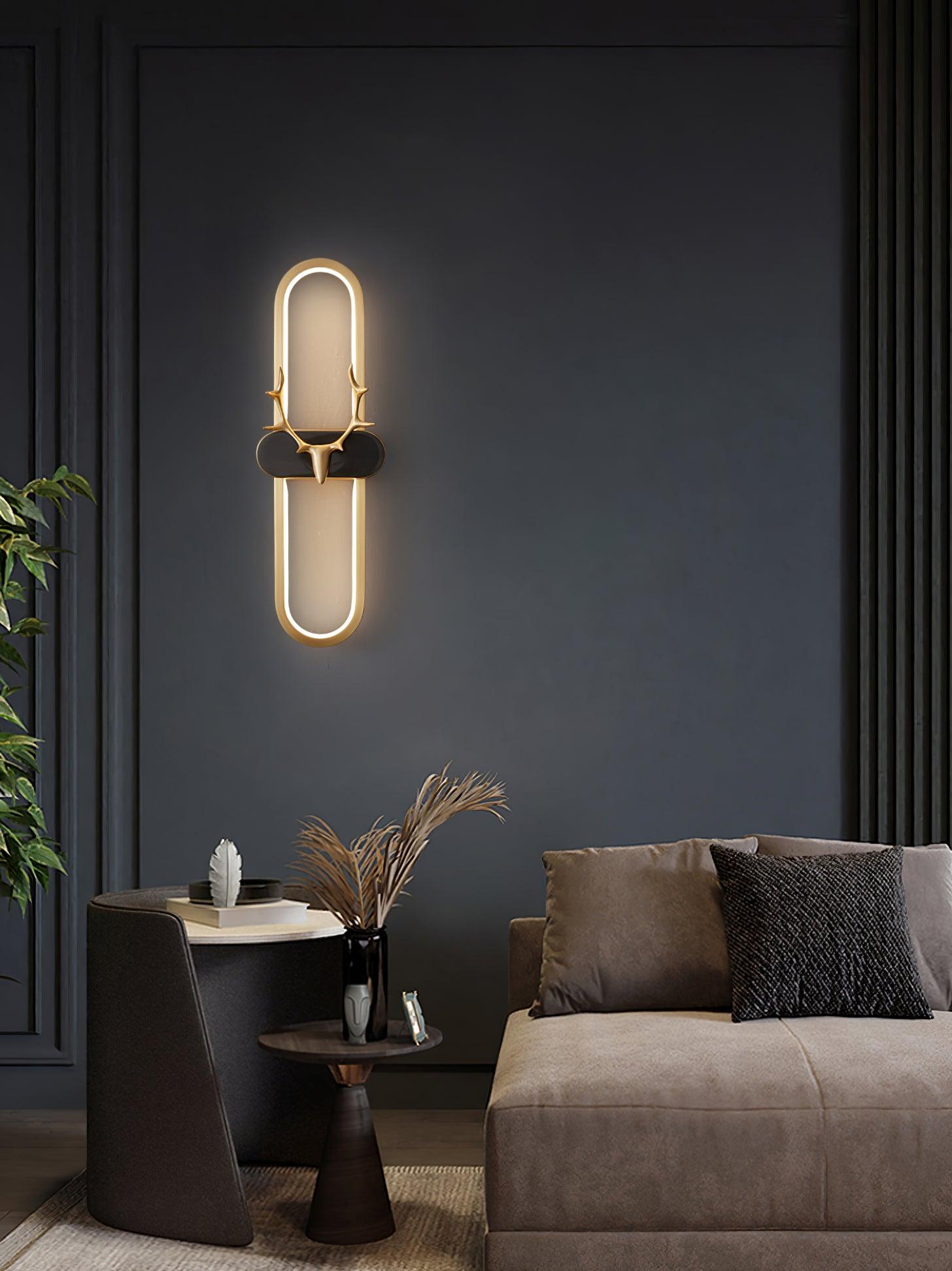 Nøordka Light Bespoke Wall Light Fixture L 5.1″ x W 2.4″ x H 15.7″ / Brass+Black / Warm Light Brass Antlers Midcentury Modern Wall Lamp