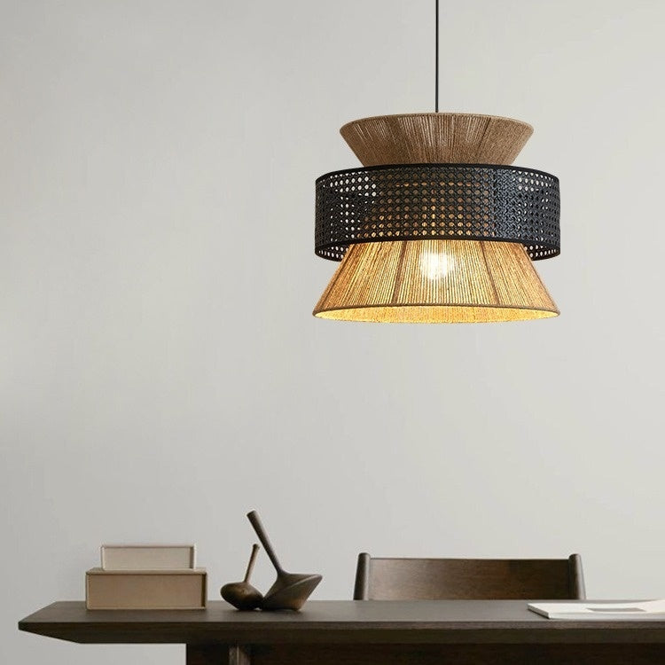 Nøordka Light Ceiling Light Fixtures Black Rattan - 16" Japanese Style Hemp Rope Flush-Mount Ceiling Light