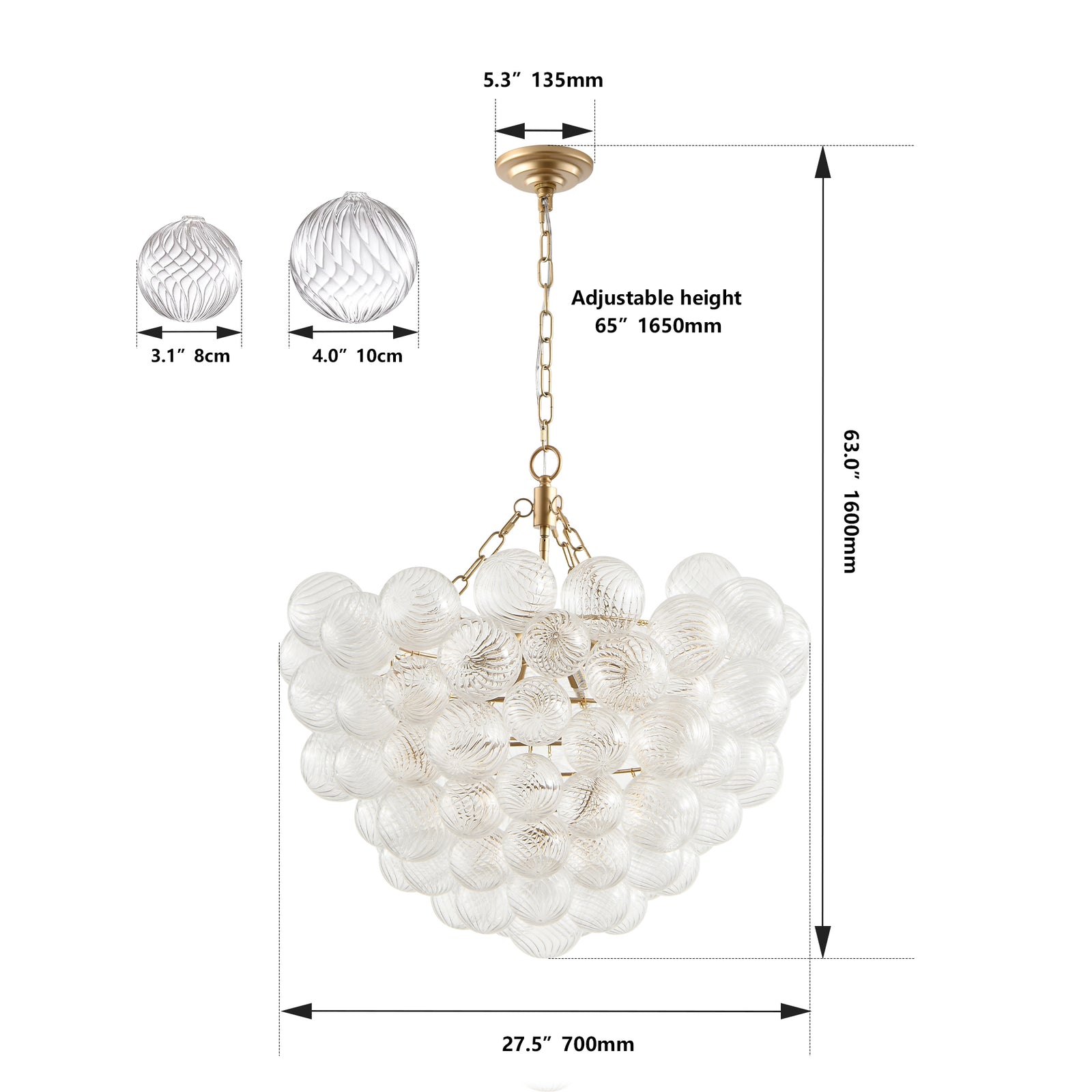 Nøordka Light Ceiling Light Fixtures Default 27.5-Inch Gold & Glass Pendant Light Chandelier with Threaded Clear Glass Globe Shade