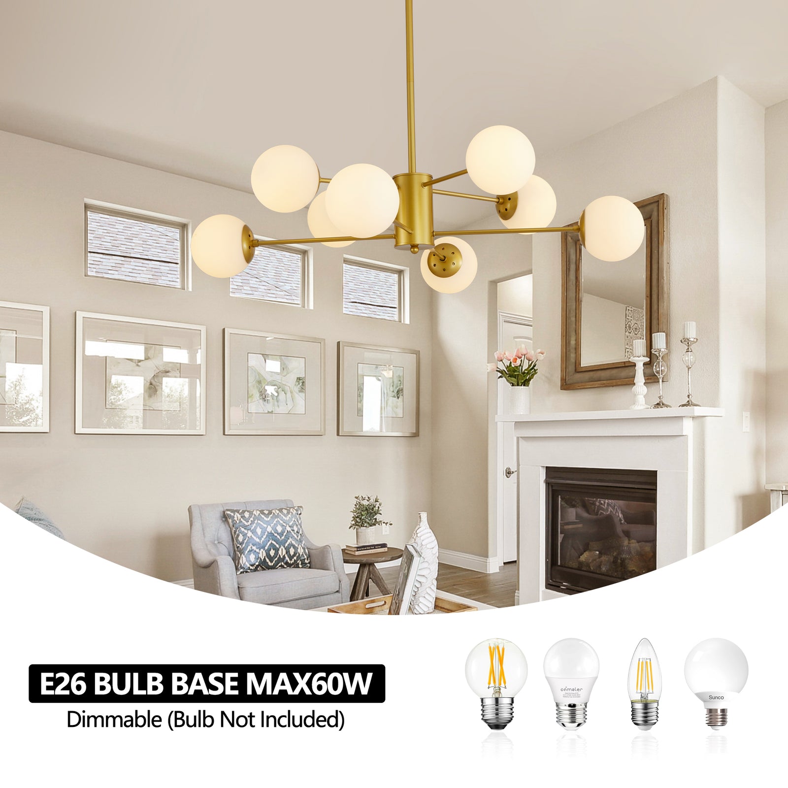 Nøordka Light Ceiling Light Fixtures Default Modern 8-Light Gold Opal Chandelier with White Glass Globe Shades