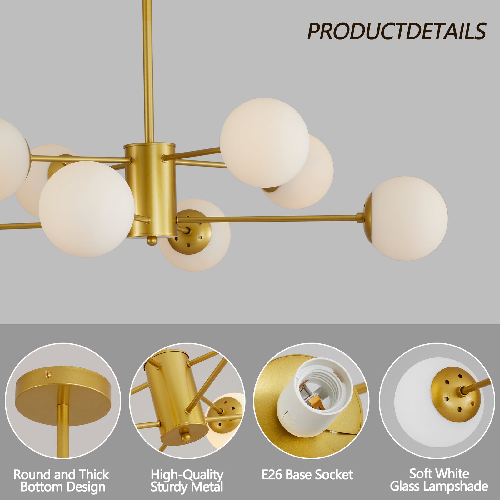 Nøordka Light Ceiling Light Fixtures Default Modern 8-Light Gold Opal Chandelier with White Glass Globe Shades