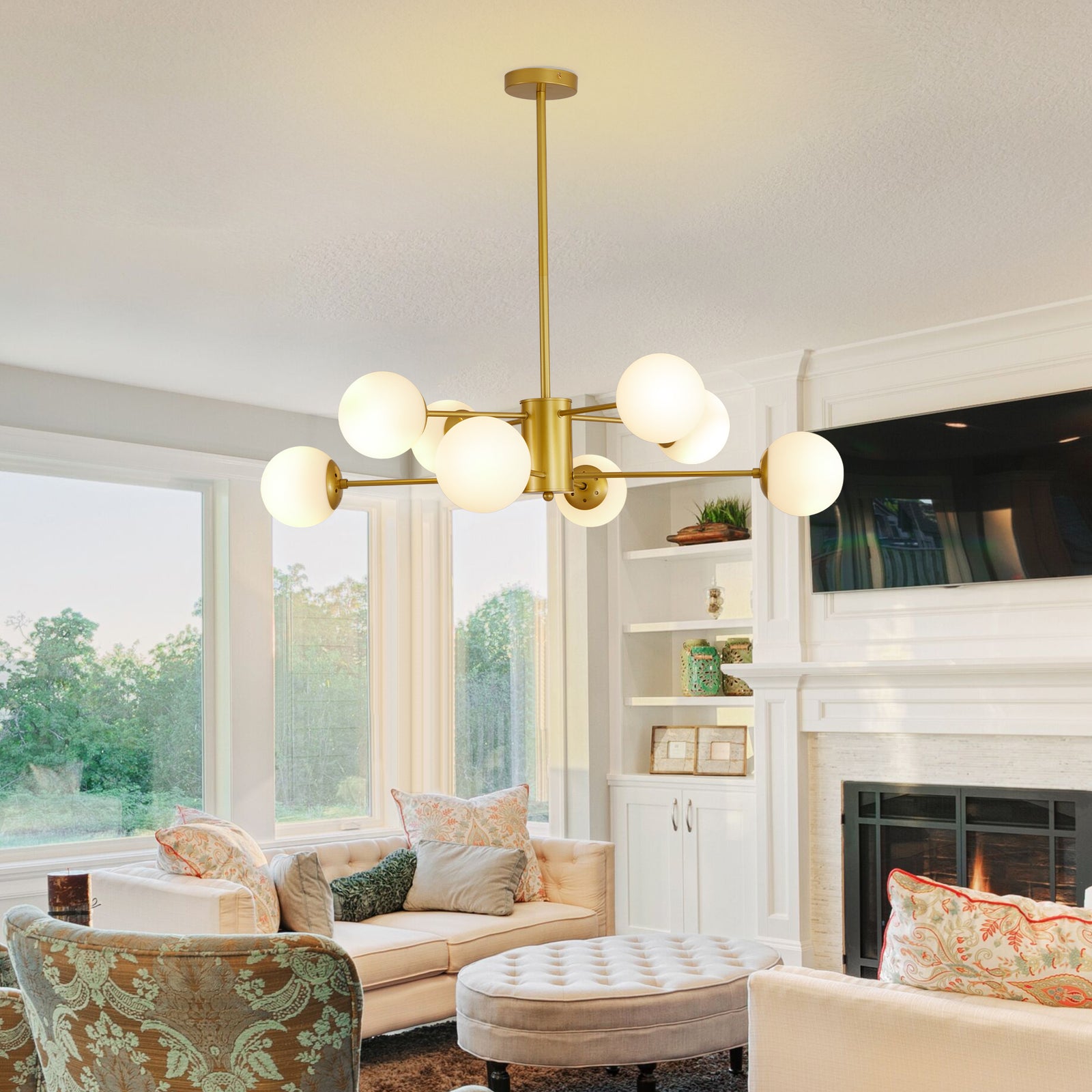 Nøordka Light Ceiling Light Fixtures Default Modern 8-Light Gold Opal Chandelier with White Glass Globe Shades