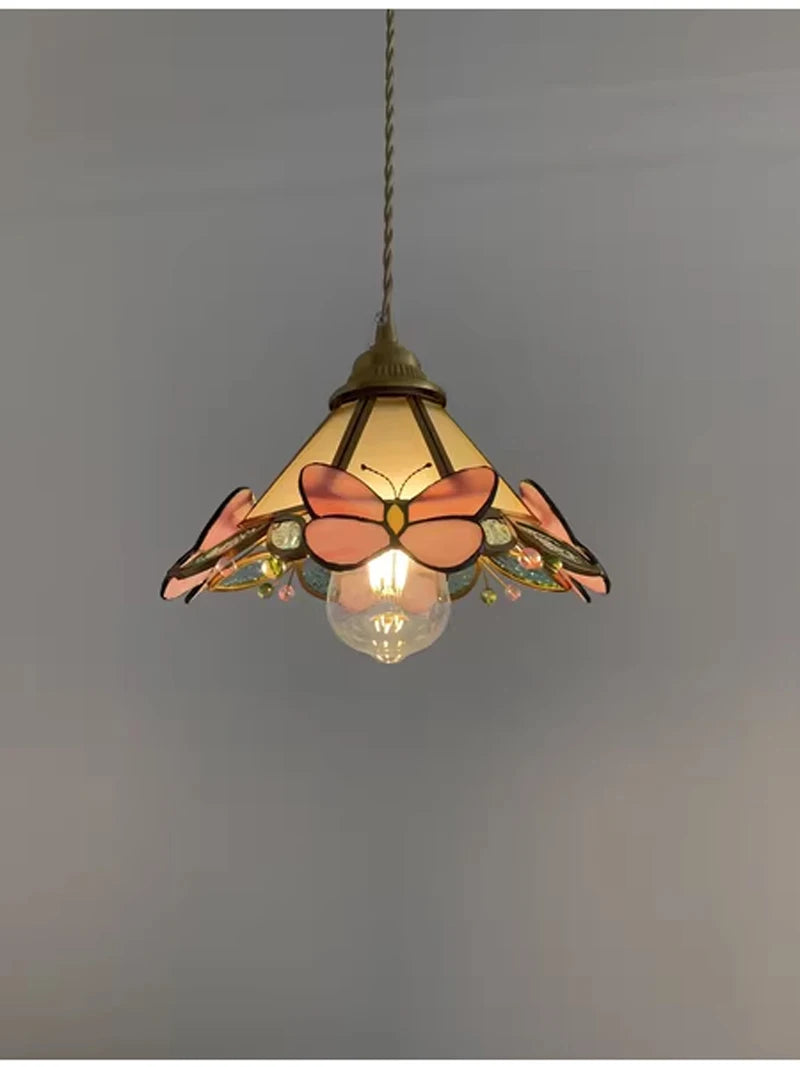 Nøordka Light Ceiling Light Fixtures French Hand Soldered Glass Pendant Light and Pink Butterfly Design