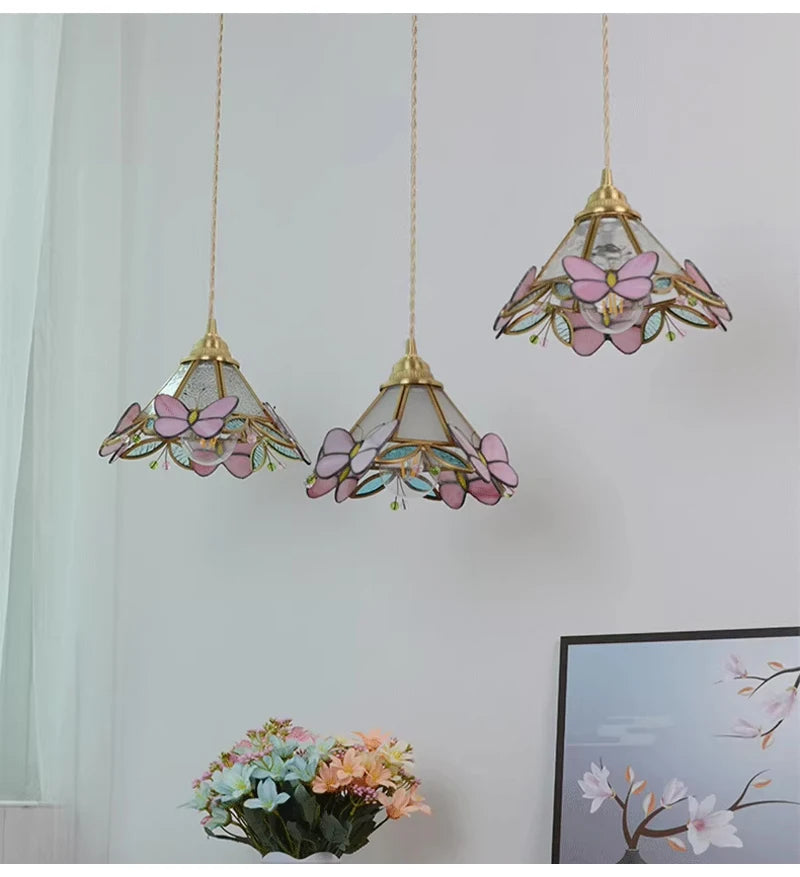 Nøordka Light Ceiling Light Fixtures French Hand Soldered Glass Pendant Light and Pink Butterfly Design