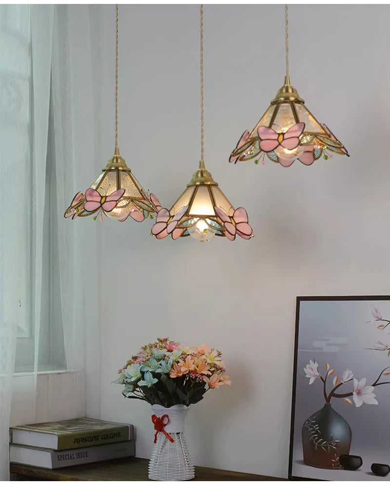 Nøordka Light Ceiling Light Fixtures French Hand Soldered Glass Pendant Light and Pink Butterfly Design