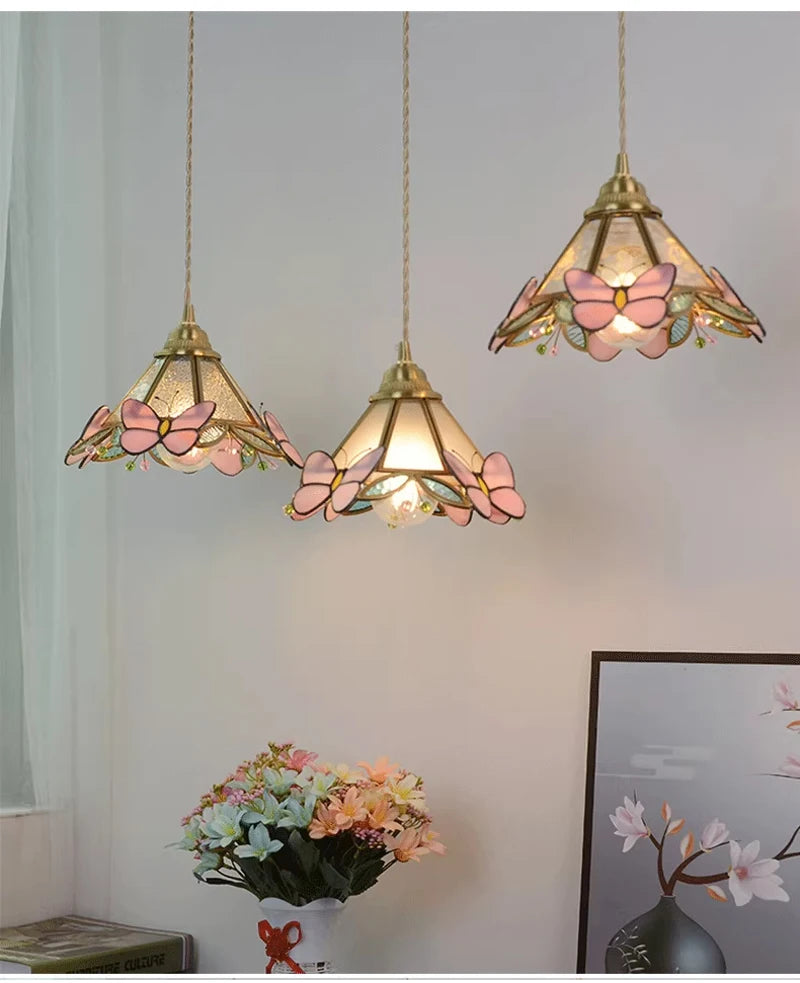 Nøordka Light Ceiling Light Fixtures French Hand Soldered Glass Pendant Light and Pink Butterfly Design