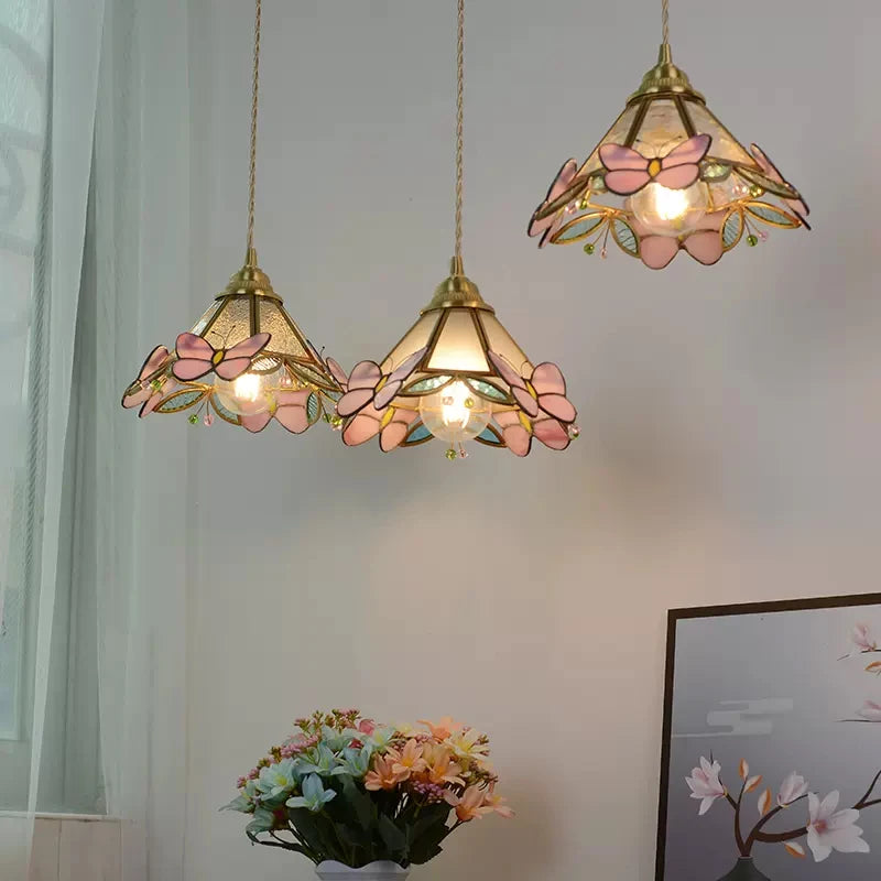Nøordka Light Ceiling Light Fixtures French Hand Soldered Glass Pendant Light and Pink Butterfly Design