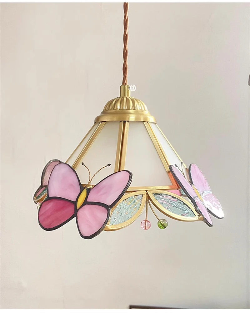 Nøordka Light Ceiling Light Fixtures Frosted Shade French Hand Soldered Glass Pendant Light and Pink Butterfly Design