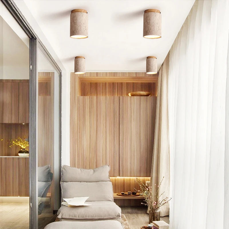 Nøordka Light Ceiling Light Fixtures Wabi Sabi Flush-Mount Ceiling Light Round in Stone & Wood