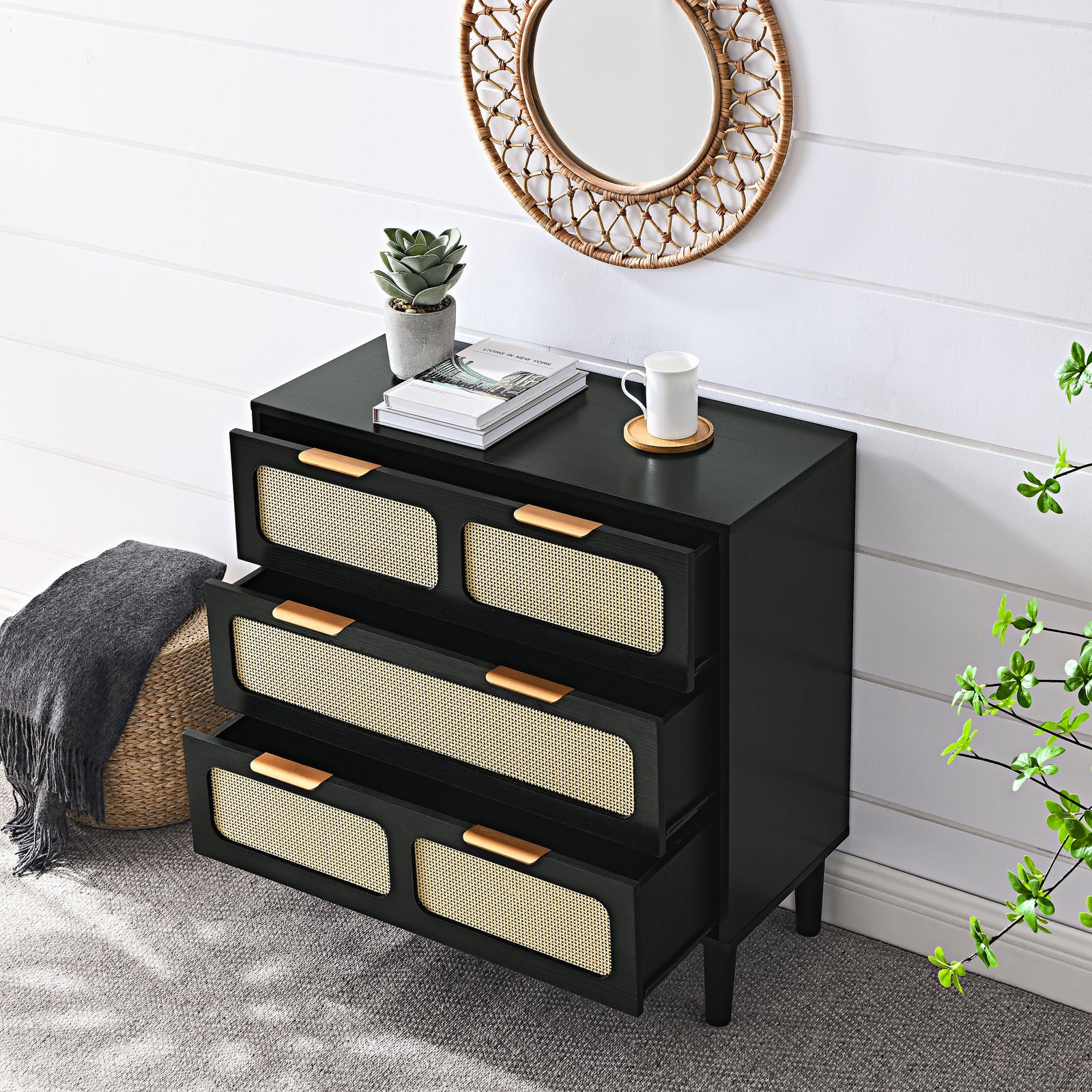 Nøordka Light Dresser Default 32" Black Mid Century Modern Rattan 3 Drawer Dresser Cabinet