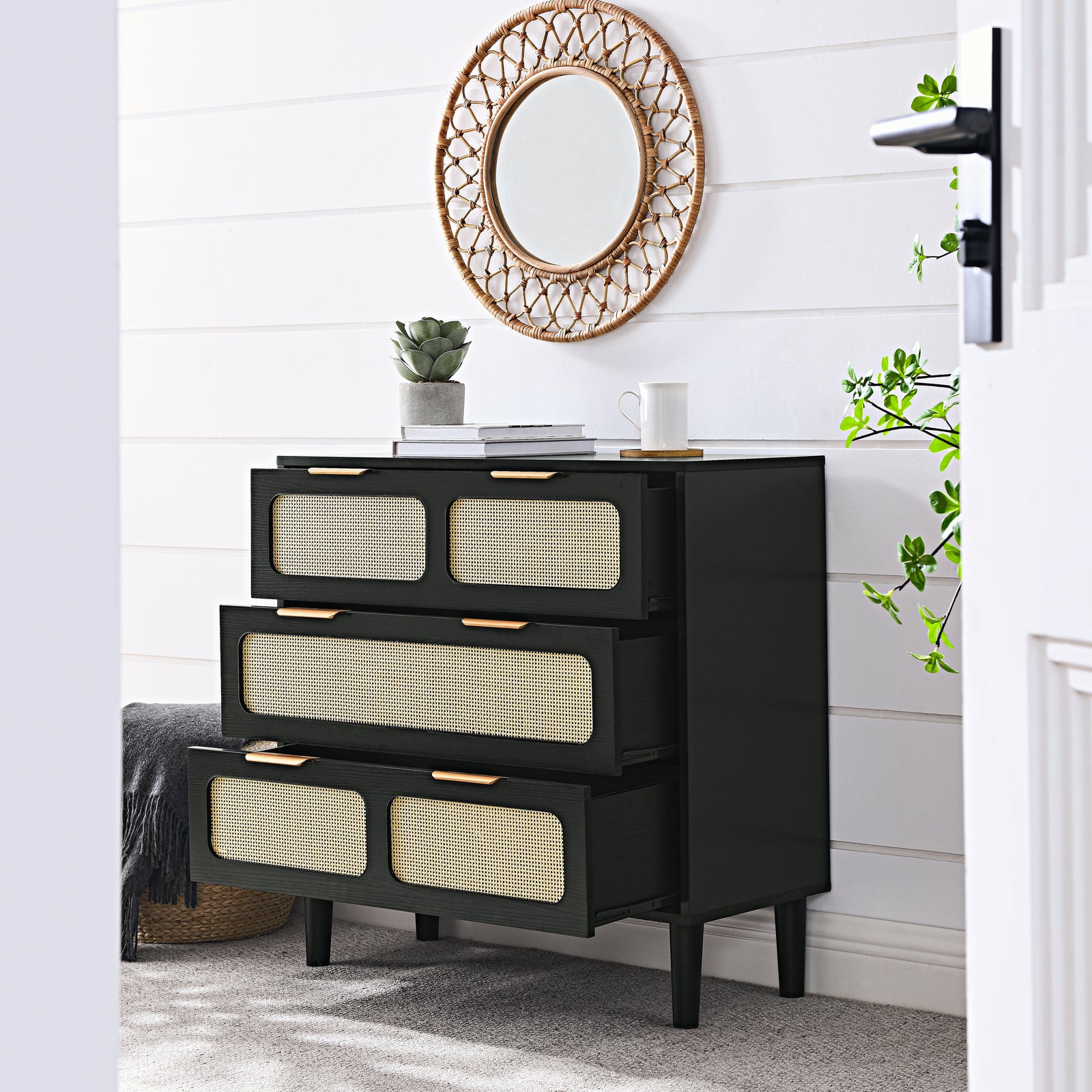 Nøordka Light Dresser Default 32" Black Mid Century Modern Rattan 3 Drawer Dresser Cabinet