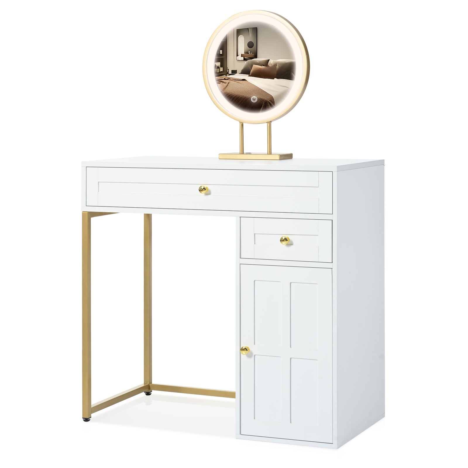 Nøordka Light Dresser Default 32" White-Gold Makeup Vanity Desk with Lit Mirror & Storage