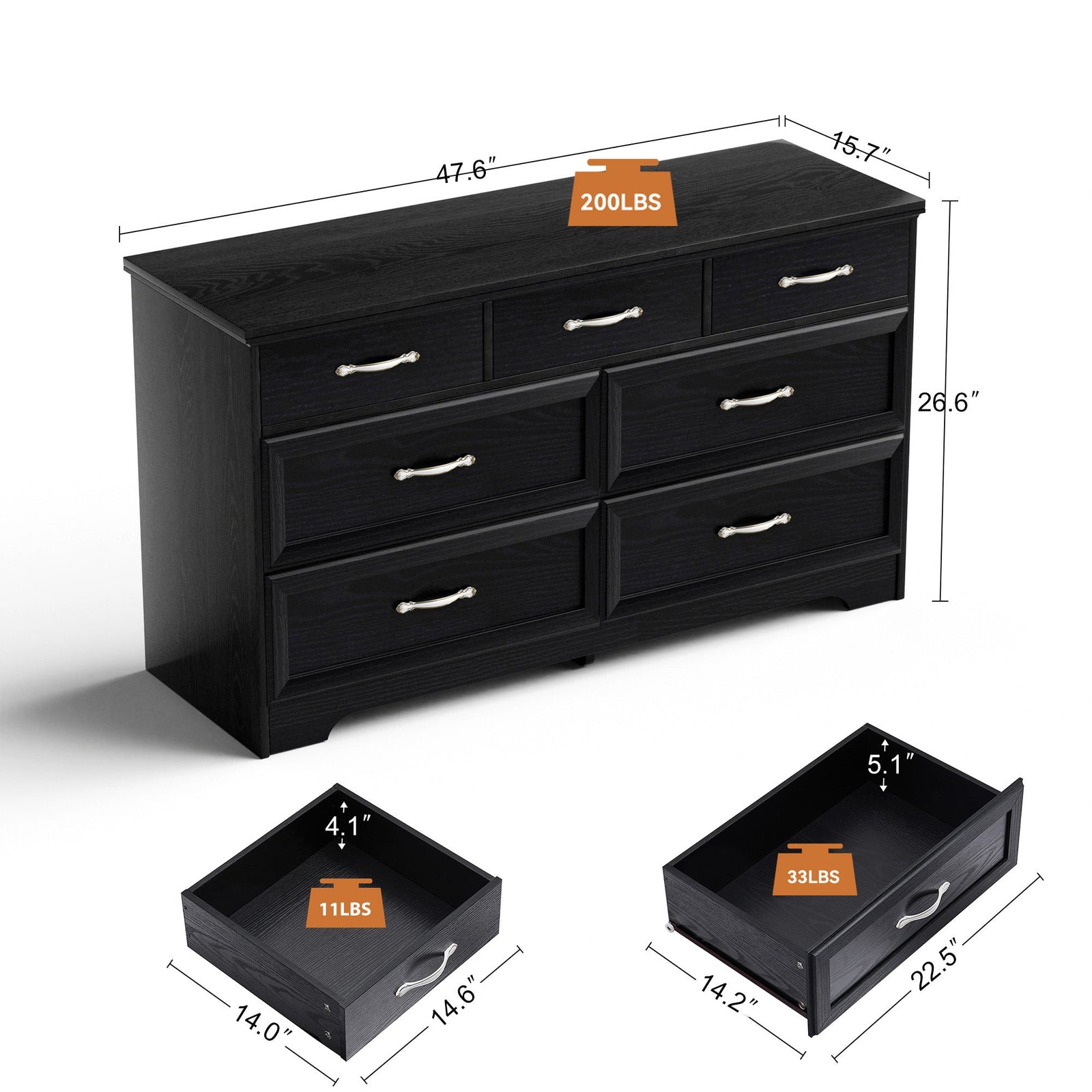 Nøordka Light Dresser Default 50" Black Mid Century Modern 3 Drawer Bedroom Chest with Metal Handling