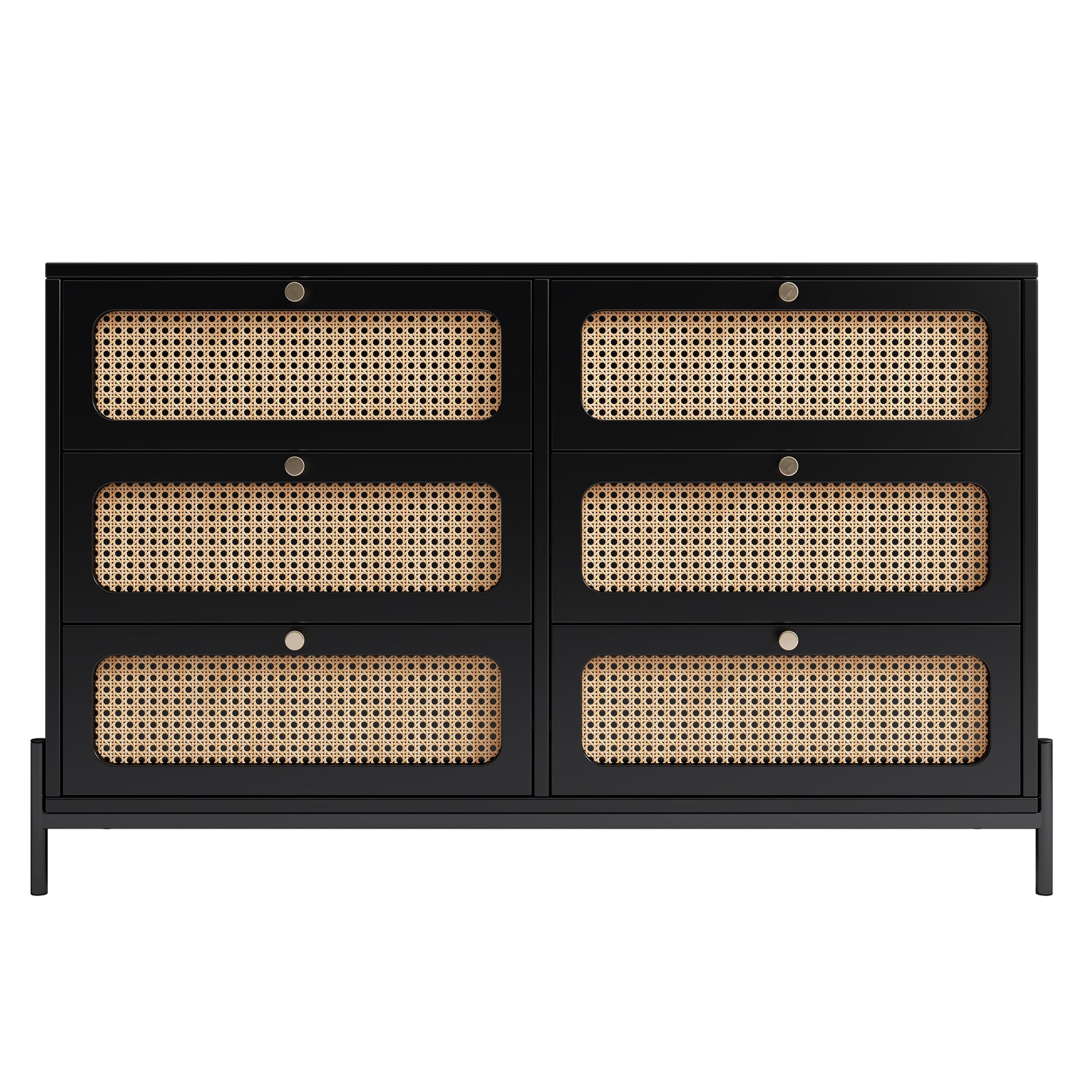 Nøordka Light Dresser Default 50" Black Mid Century Modern Cannage Rattan Wood 6-Drawer Dresser