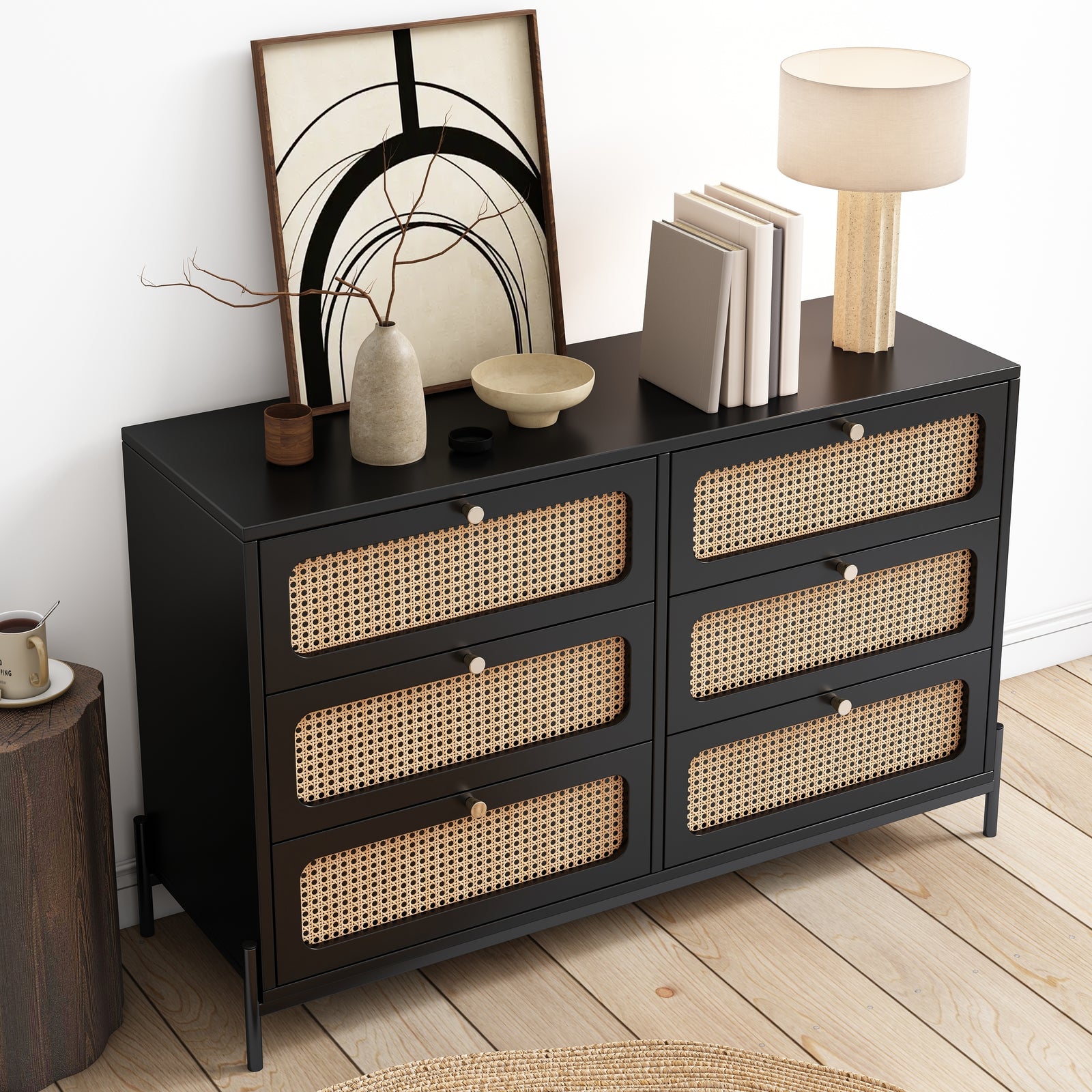 Nøordka Light Dresser Default 50" Black Mid Century Modern Cannage Rattan Wood 6-Drawer Dresser