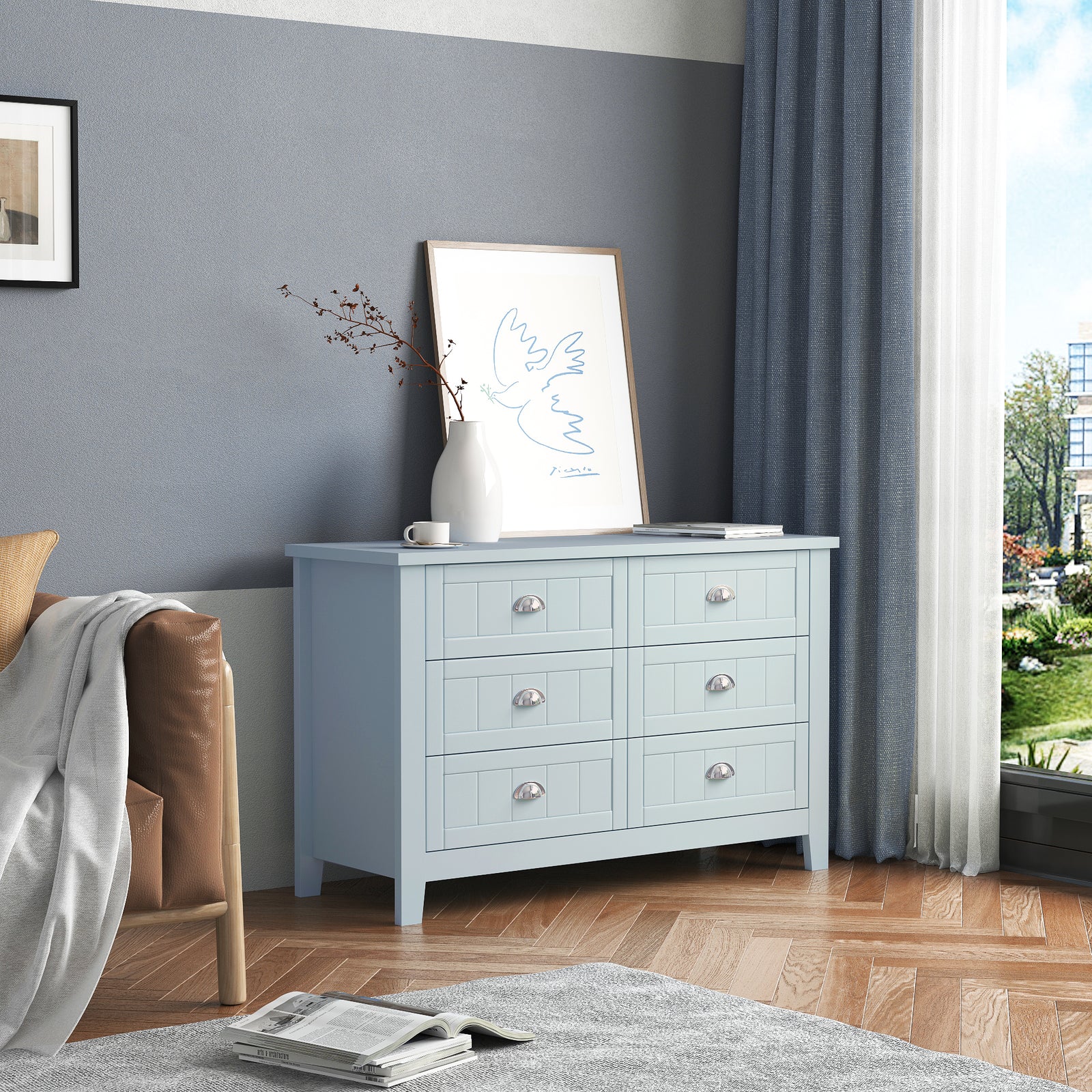 Nøordka Light Dresser Default 50" Grayish Blue Solid Wood Drawer Dresser Cabinet