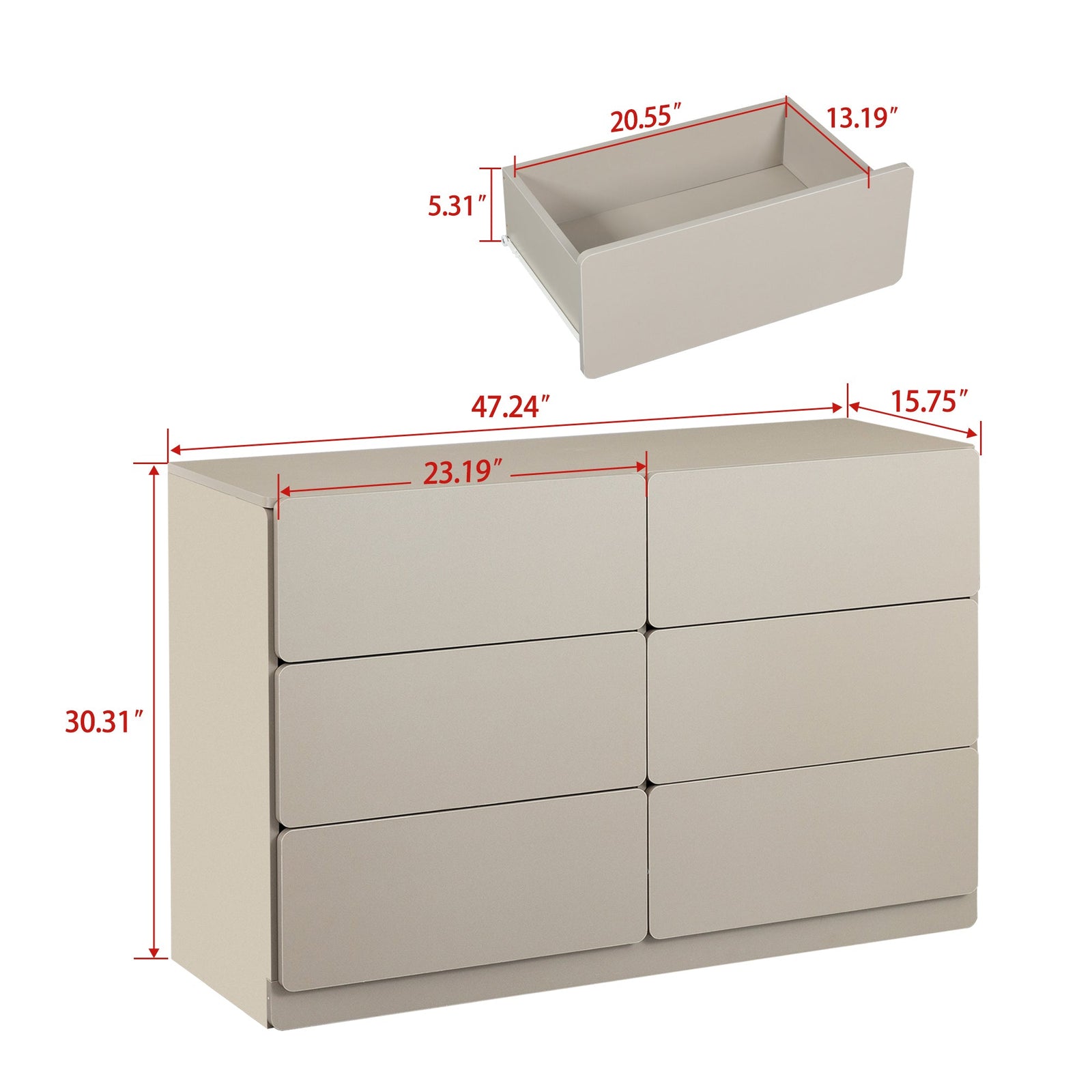 Nøordka Light Dresser Default 50" Light Gray Drawer Dresser Cabinet With Six Drawers