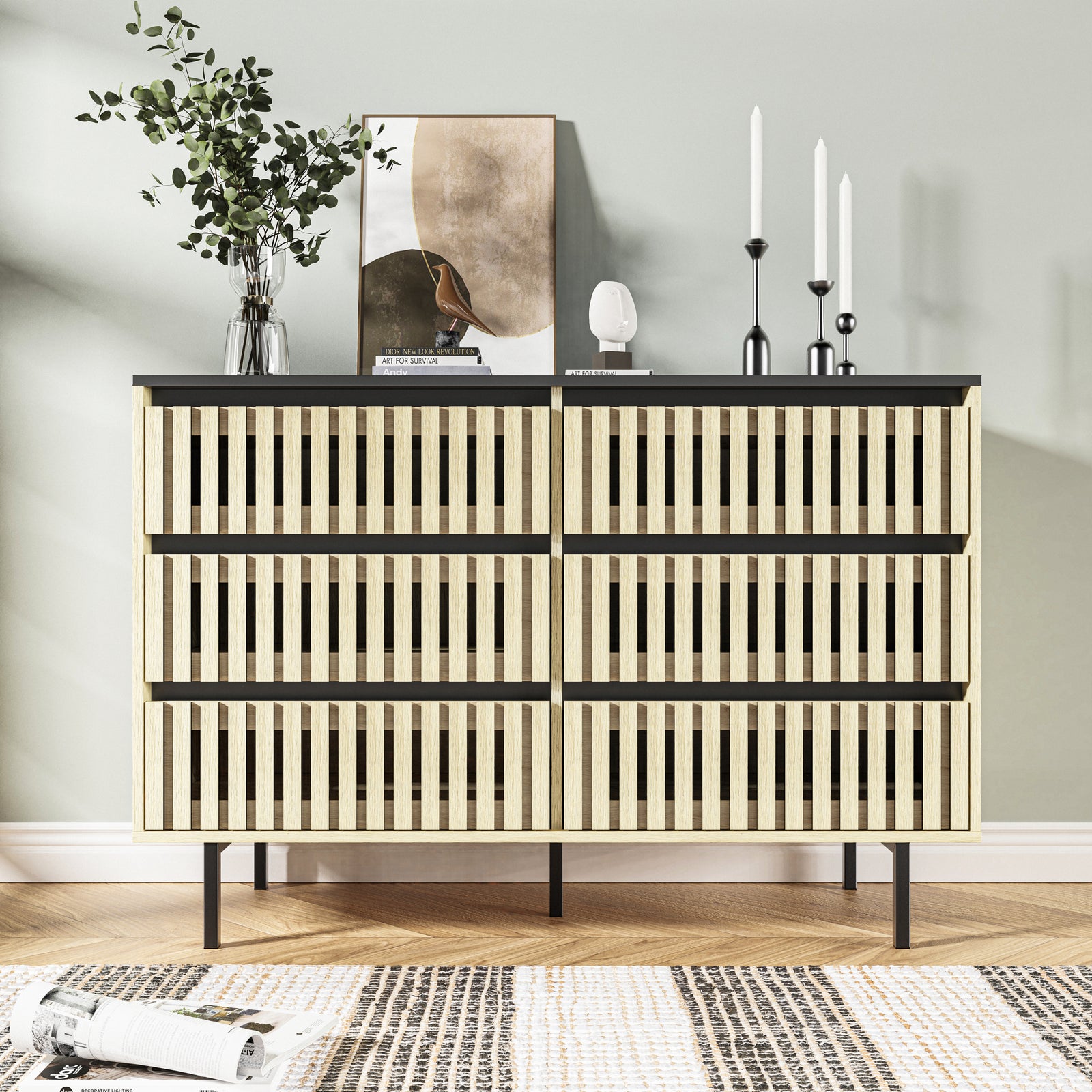 Nøordka Light Dresser Default 50" Natural & Black Minimalist Six Drawer Cabinet