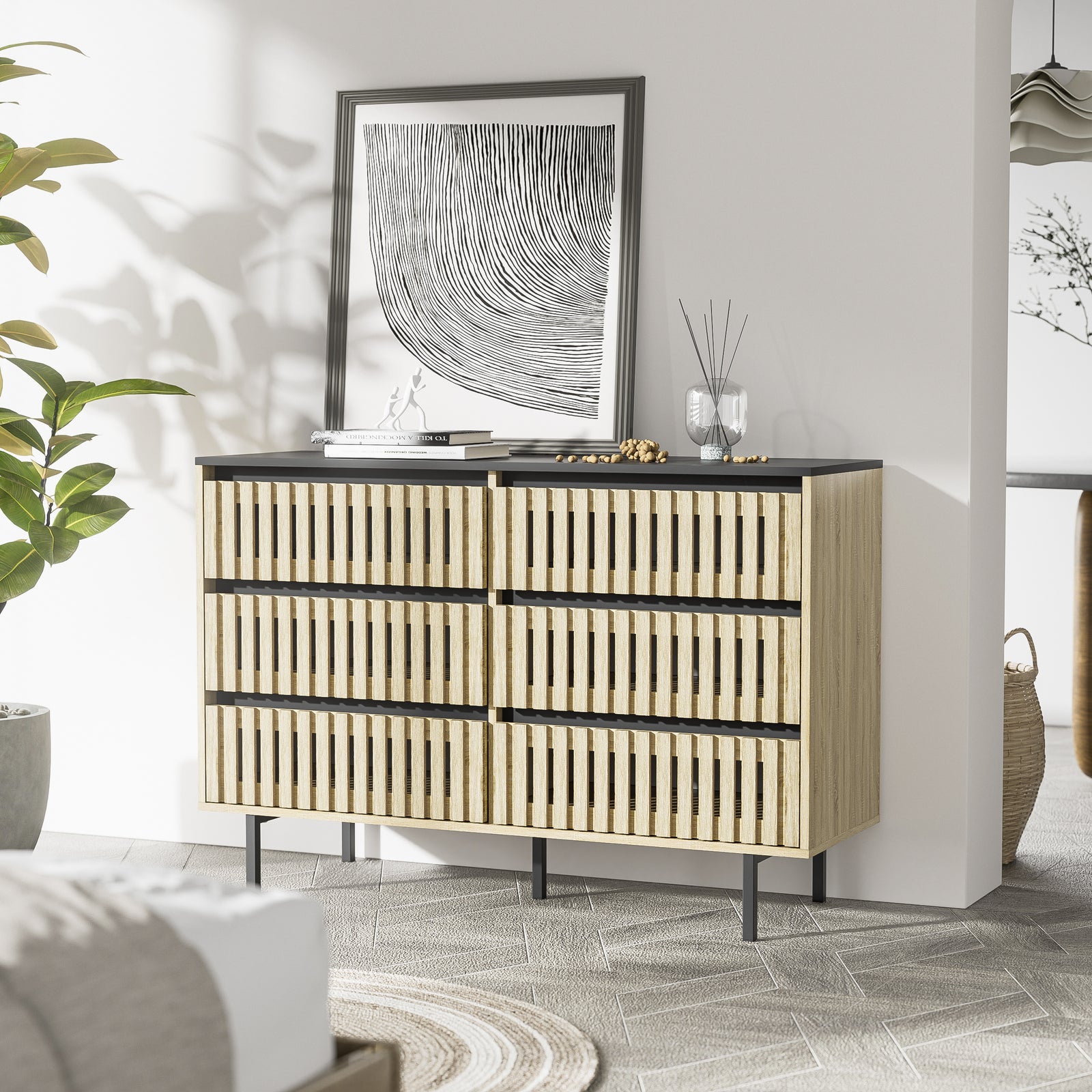 Nøordka Light Dresser Default 50" Natural & Black Minimalist Six Drawer Cabinet