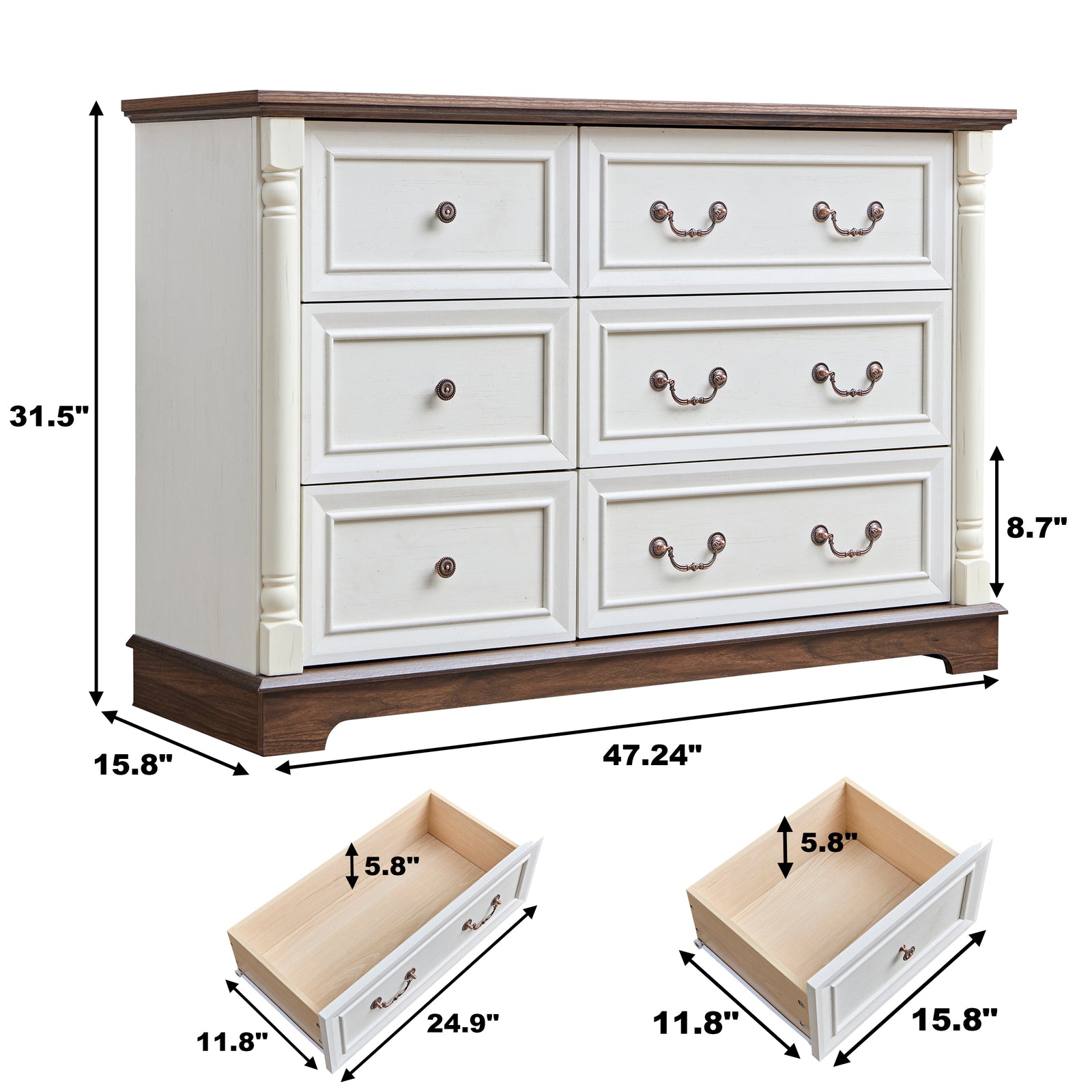 Nøordka Light Dresser Default 50" Walnut Rustic Farmhouse 6 Drawer Dresser Chest