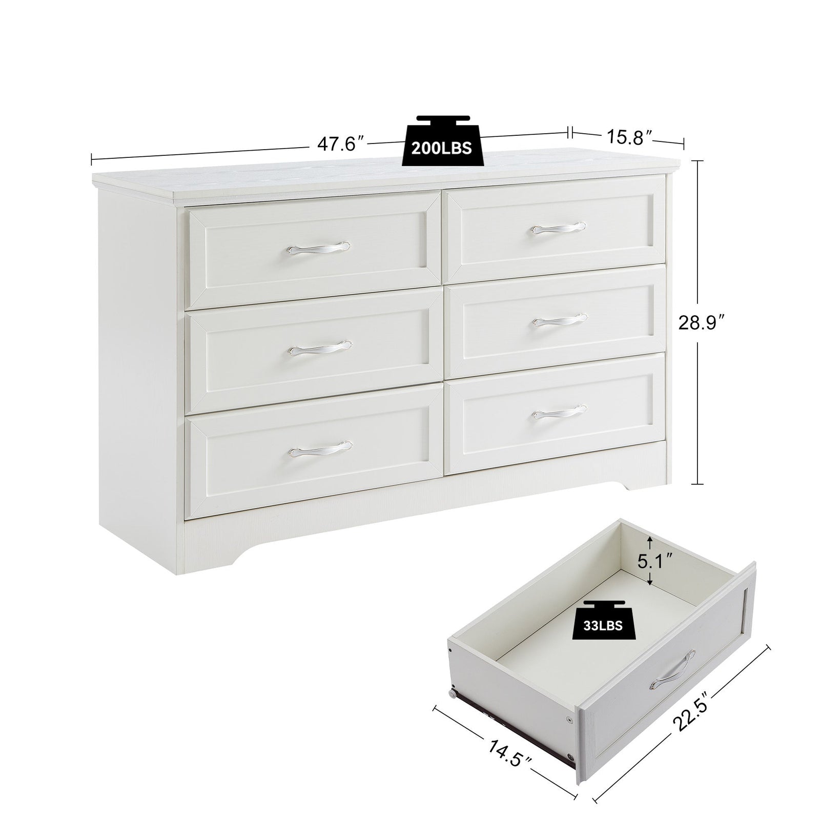Nøordka Light Dresser Default 50" White Mid Century Modern 3 Drawer Bedroom Chest