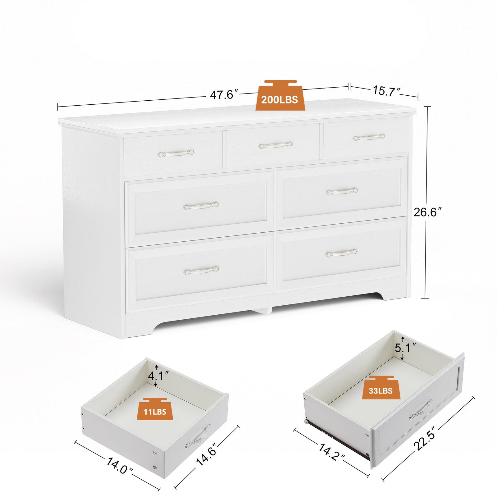 Nøordka Light Dresser Default 50" White Mid Century Modern 3 Drawer Bedroom Chest of Drawers