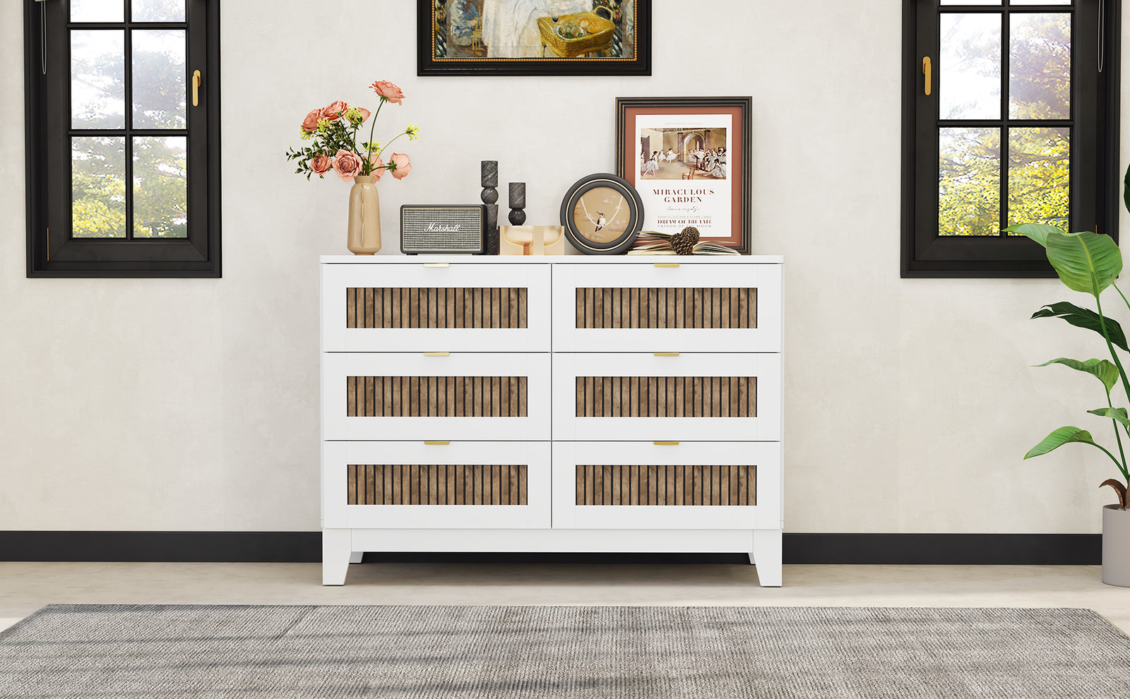 Nøordka Light Dresser Default 50" White Rustic Farmhouse Style Wooden 6 Drawers Dresser