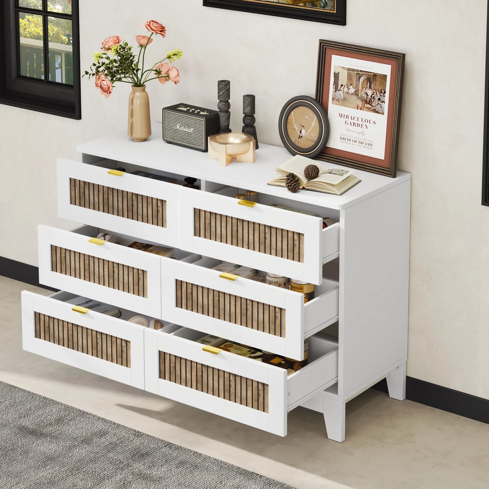 Nøordka Light Dresser Default 50" White Rustic Farmhouse Style Wooden 6 Drawers Dresser