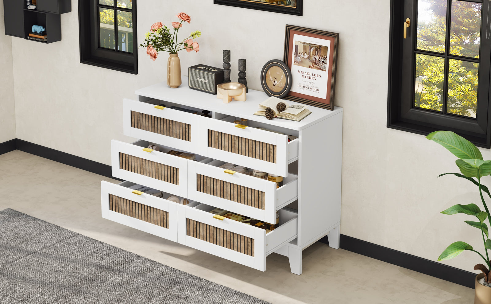 Nøordka Light Dresser Default 50" White Rustic Farmhouse Style Wooden 6 Drawers Dresser