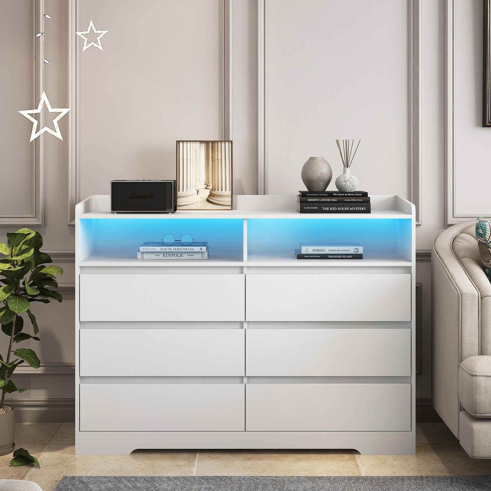 Nøordka Light Dresser Default 52" White 6 Drawer Dresser with LED Lights