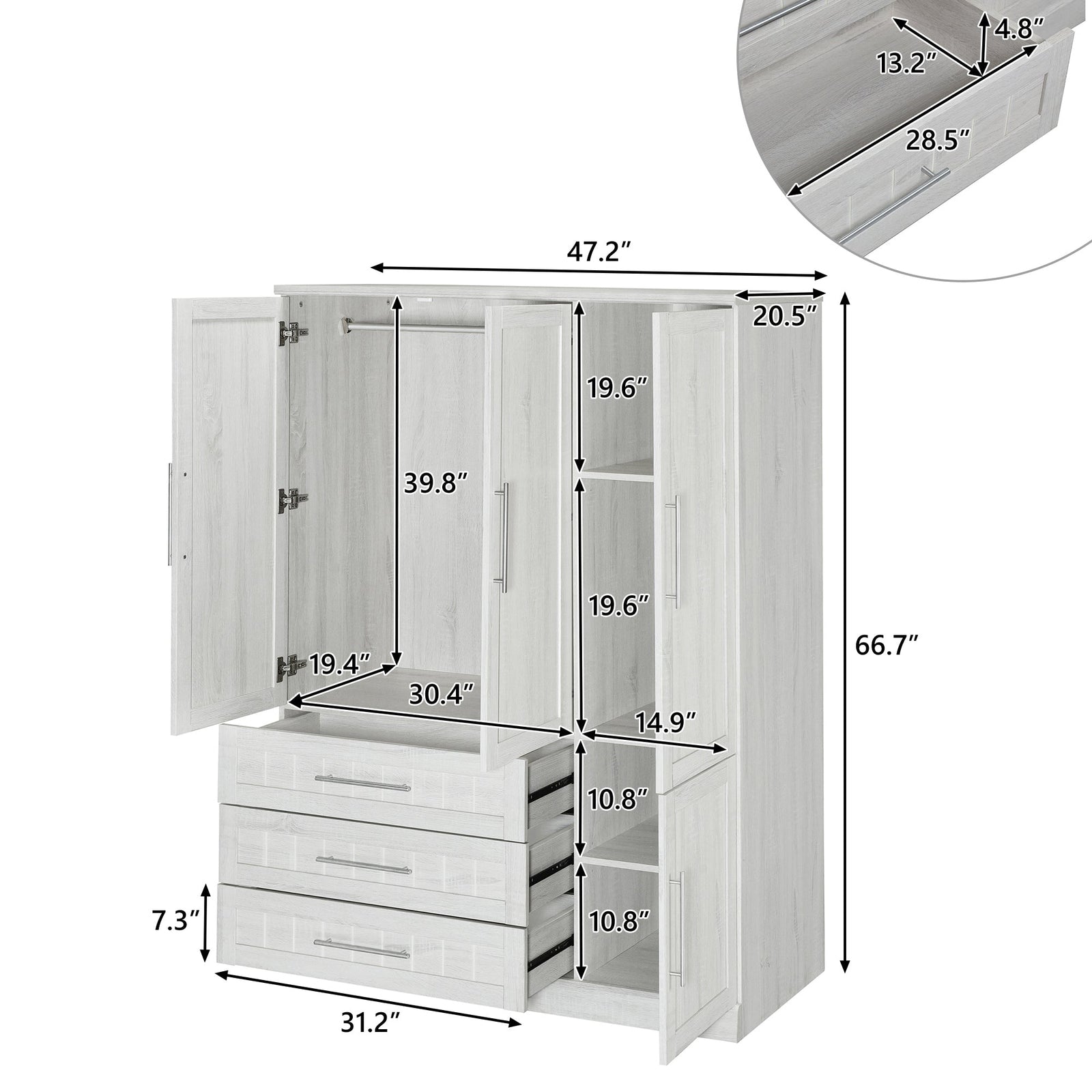 Nøordka Light Dresser Default 67" White 4 Door Wardrobe Armoire Closet with 3 Drawers
