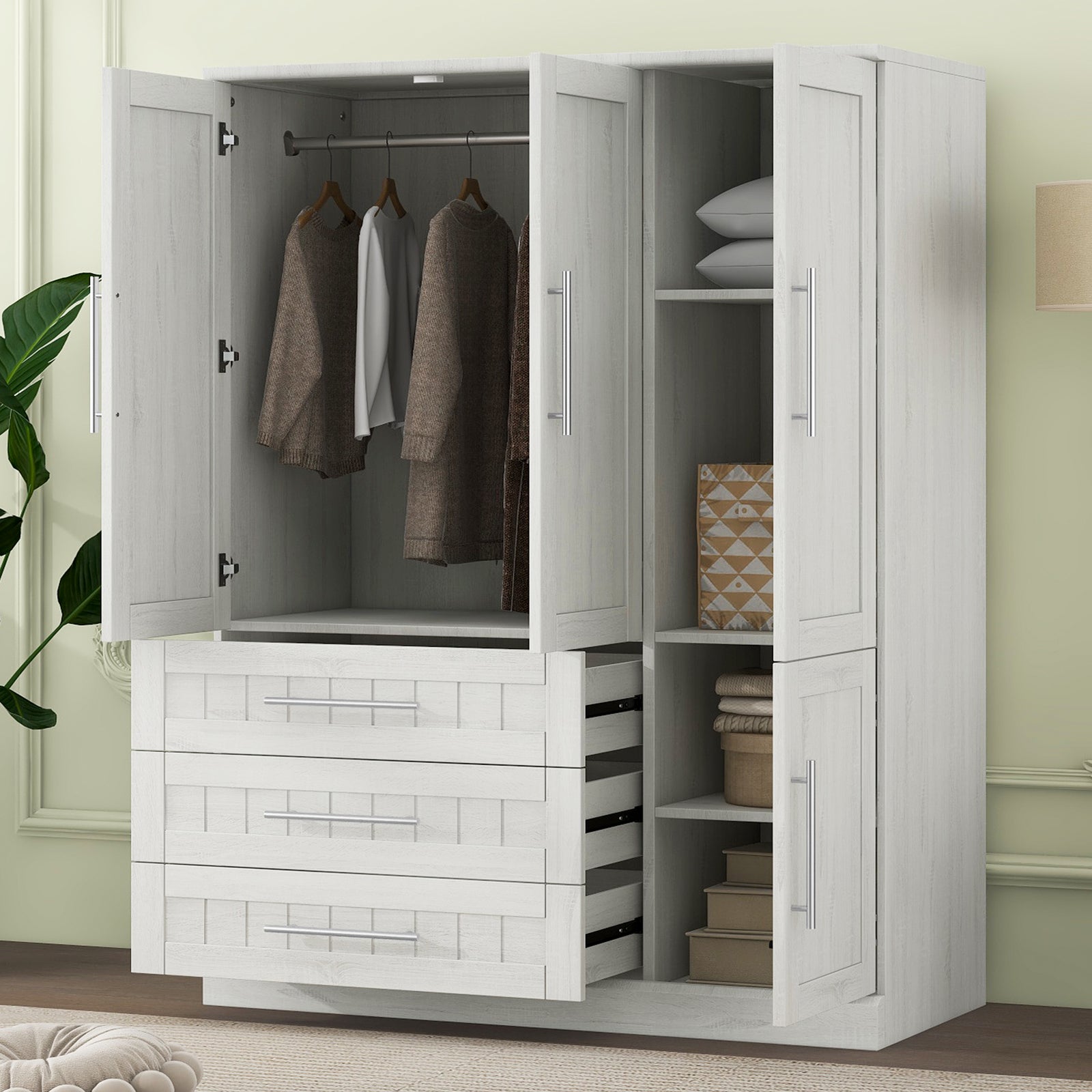 Nøordka Light Dresser Default 67" White 4 Door Wardrobe Armoire Closet with 3 Drawers