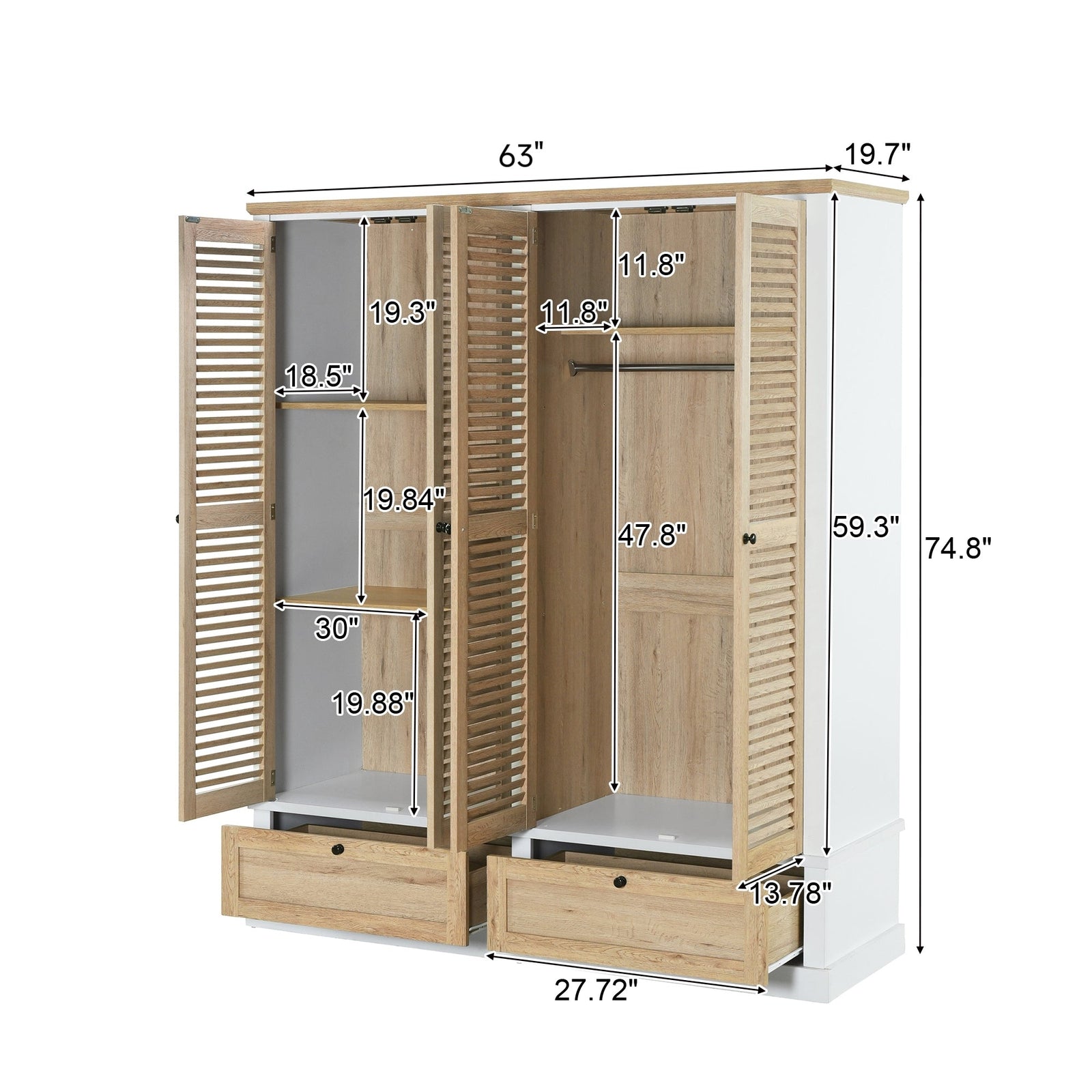 Nøordka Light Dresser Default 75" Natural & White 4 Shutter Door Wardrobe Armoire Closet