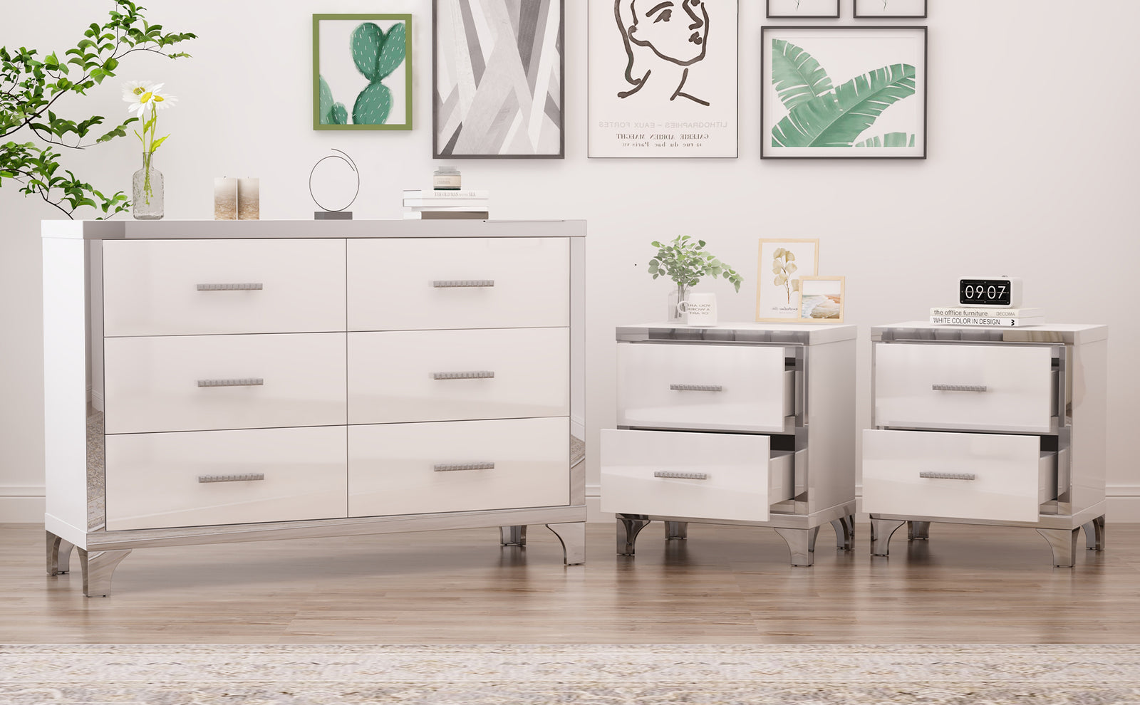 Nøordka Light Dresser Default White 3-Piece Set Dresser & Nightstands with Metal Handling & Mirror Decoration
