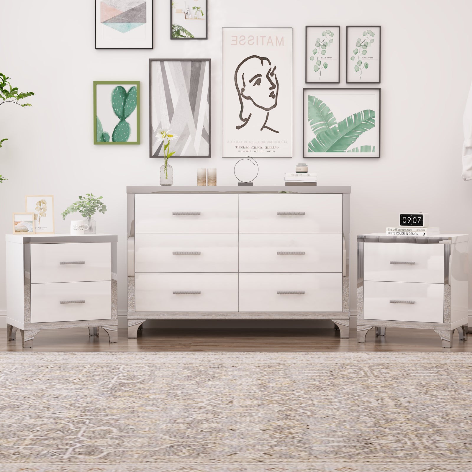Nøordka Light Dresser Default White 3-Piece Set Dresser & Nightstands with Metal Handling & Mirror Decoration