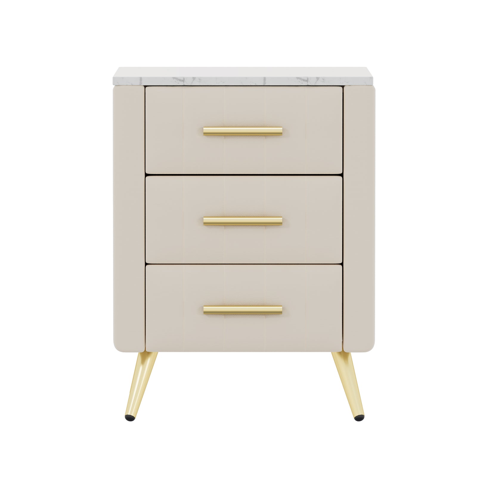 Nøordka Light Nightstand Default 16" Beige Upholstered Wooden Nightstand with 3 Drawers & Gold Accents