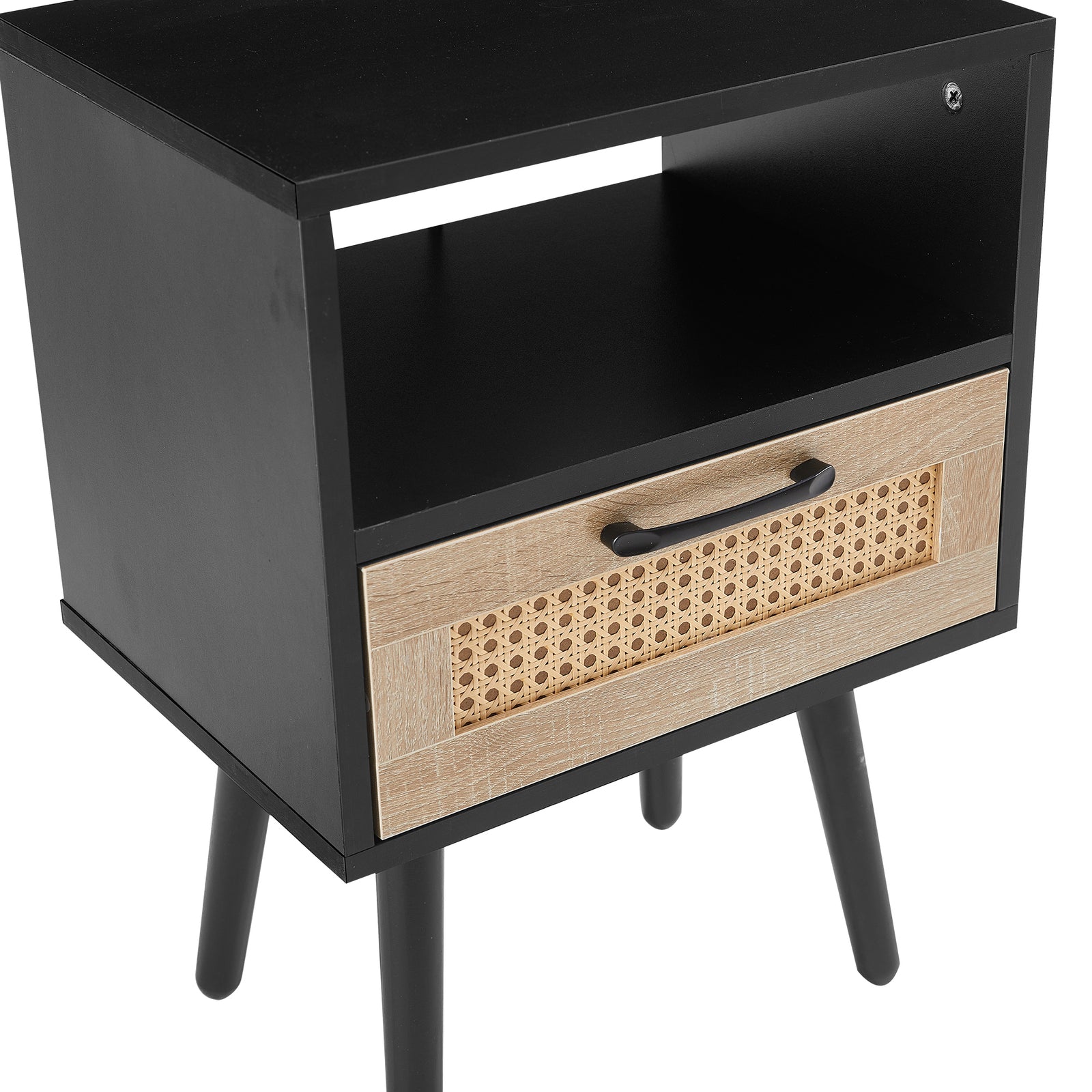 Nøordka Light Nightstand Default 16" Black & Rattan End Table with Drawer & Solid Wood Legs
