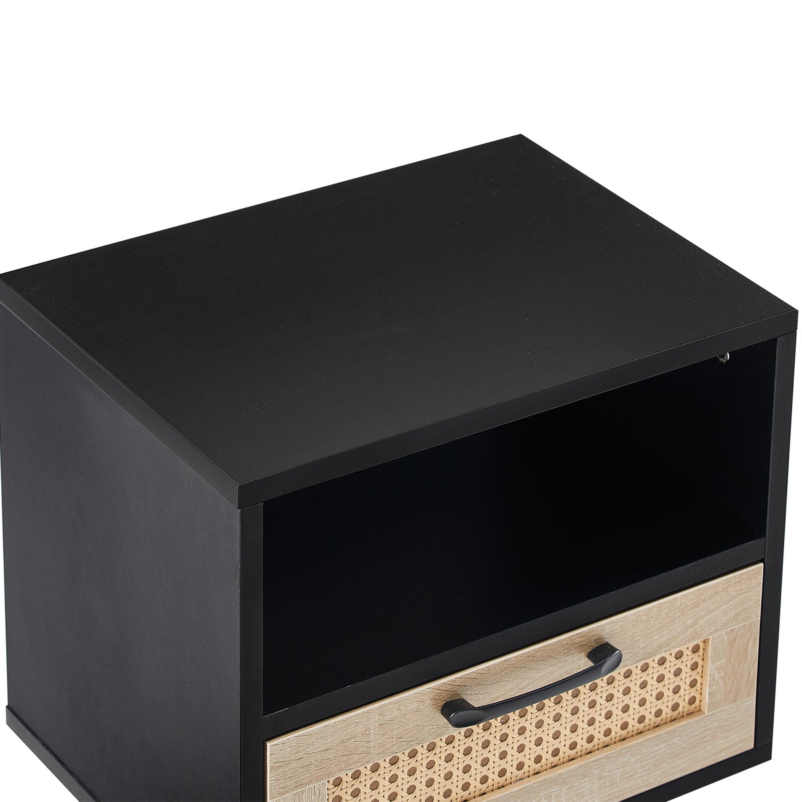 Nøordka Light Nightstand Default 16" Black & Rattan End Table with Drawer & Solid Wood Legs