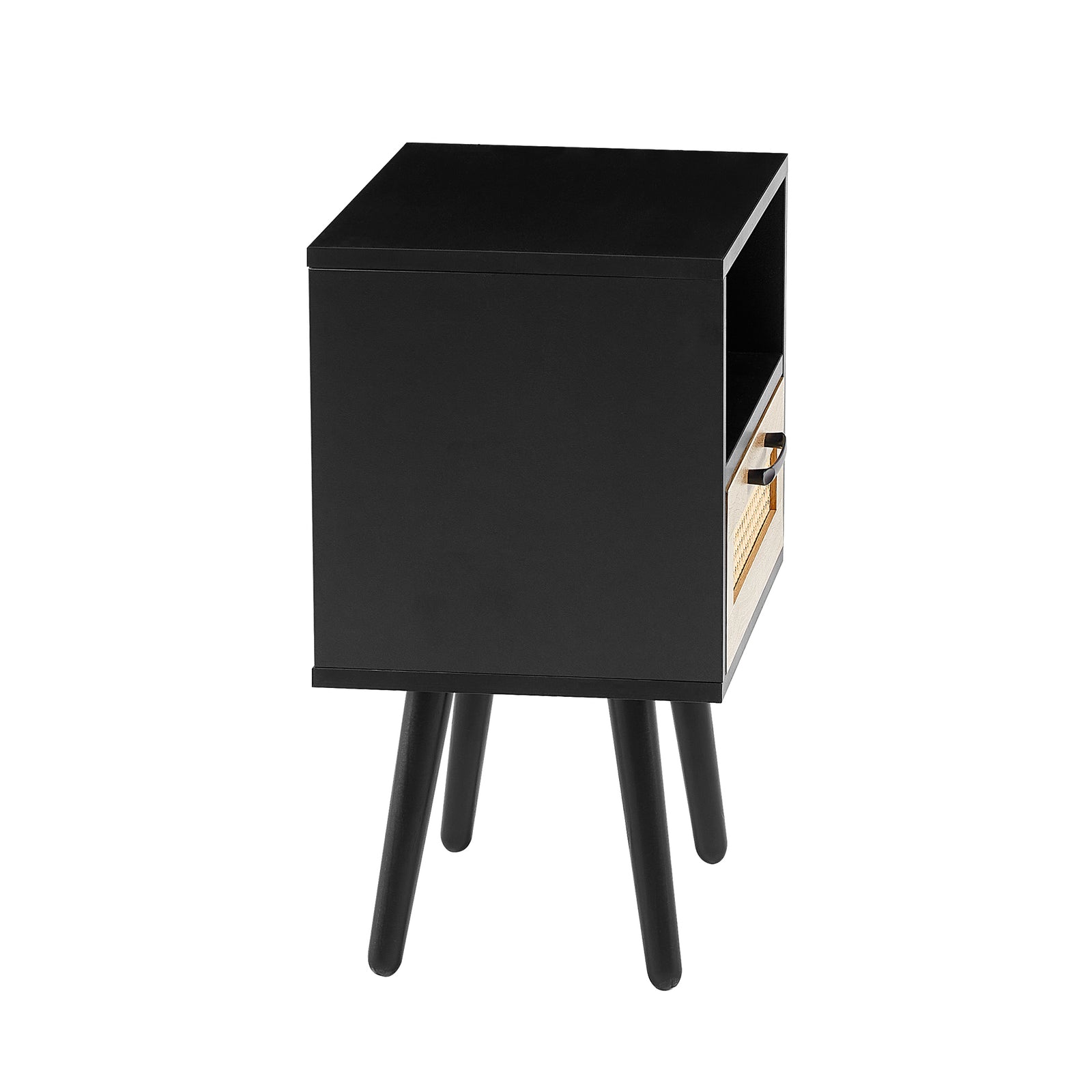 Nøordka Light Nightstand Default 16" Black & Rattan End Table with Drawer & Solid Wood Legs