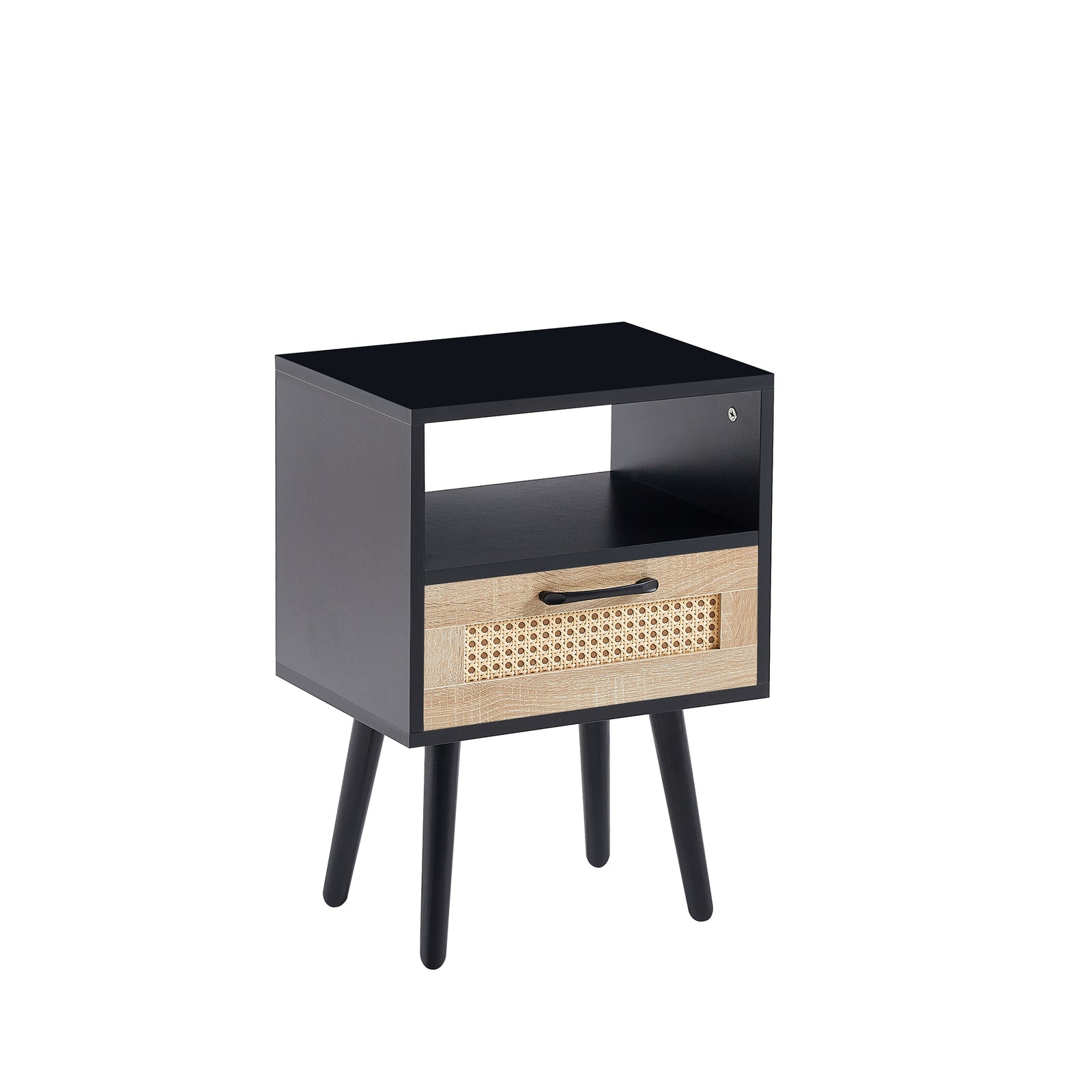 Nøordka Light Nightstand Default 16" Black & Rattan End Table with Drawer & Solid Wood Legs