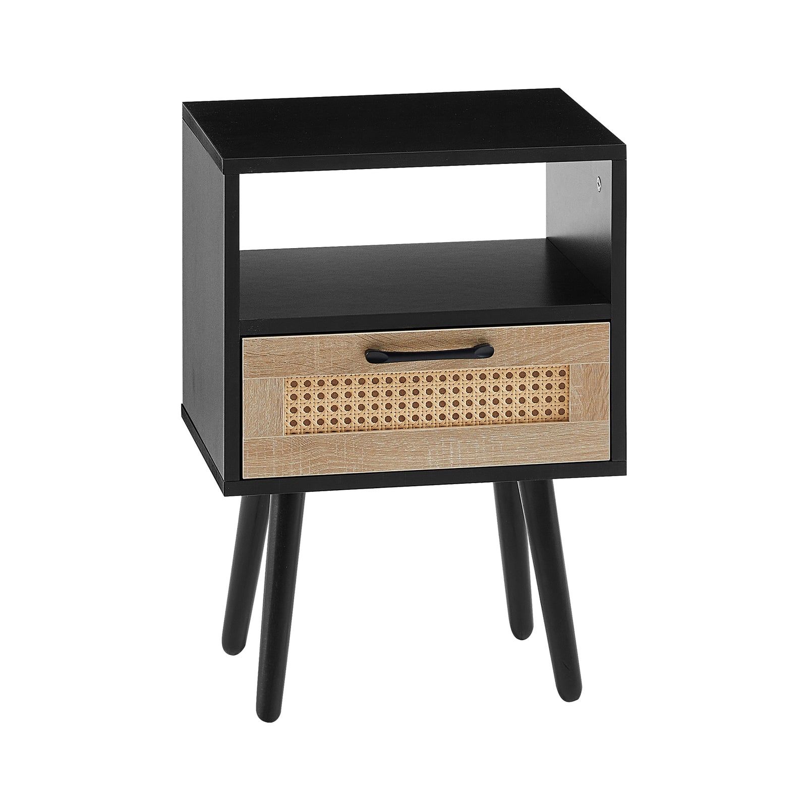 Nøordka Light Nightstand Default 16" Black & Rattan End Table with Drawer & Solid Wood Legs