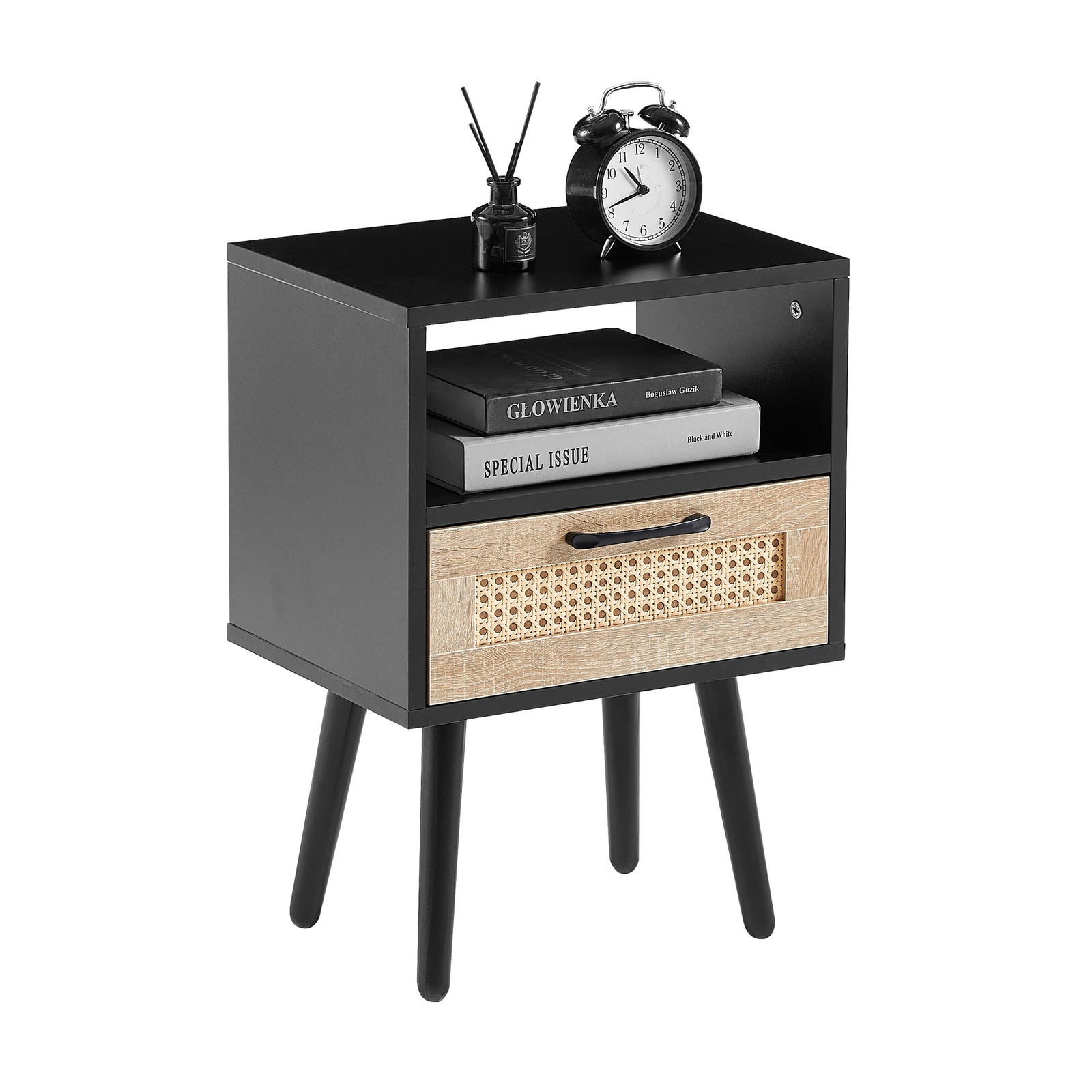 Nøordka Light Nightstand Default 16" Black & Rattan End Table with Drawer & Solid Wood Legs