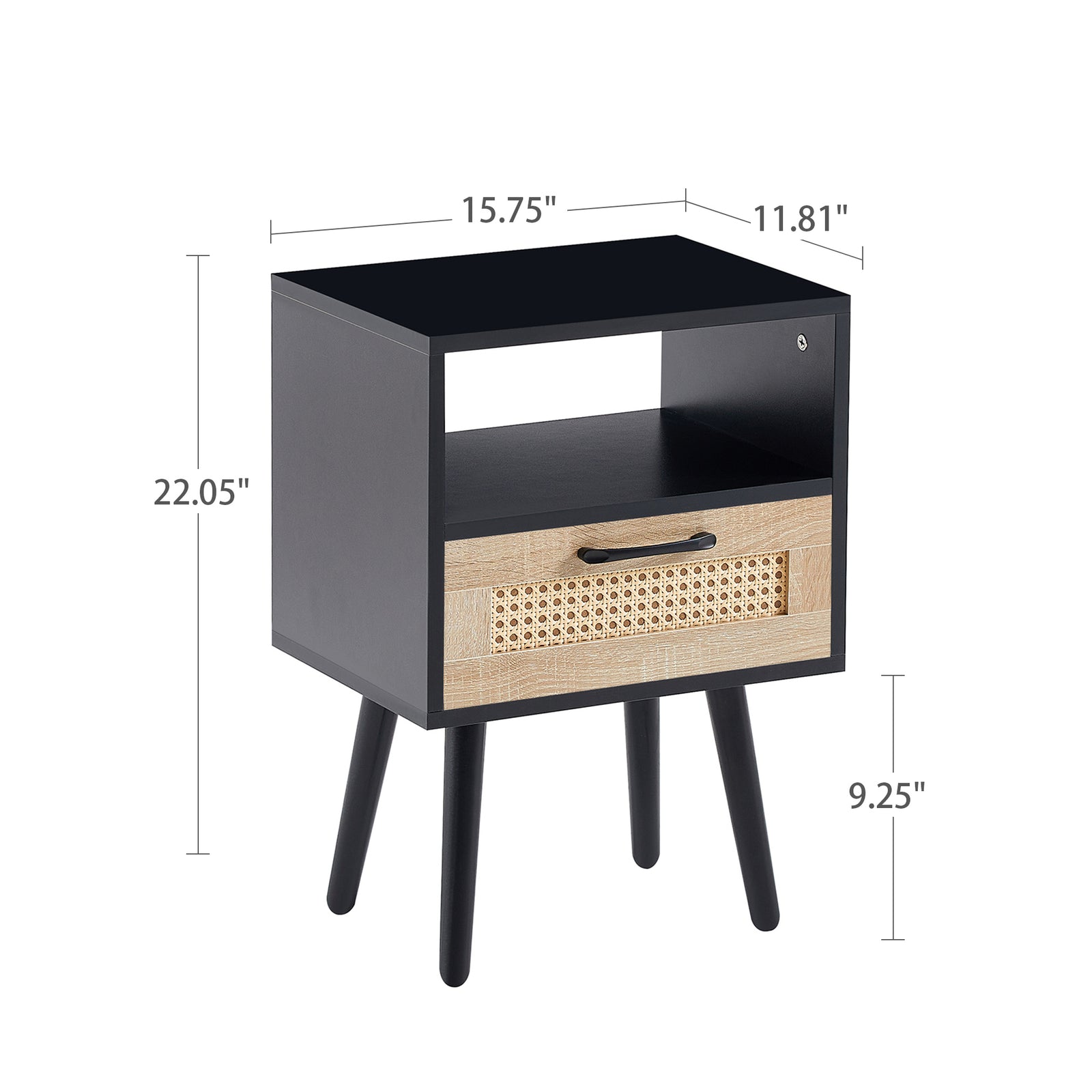 Nøordka Light Nightstand Default 16" Black & Rattan End Table with Drawer & Solid Wood Legs