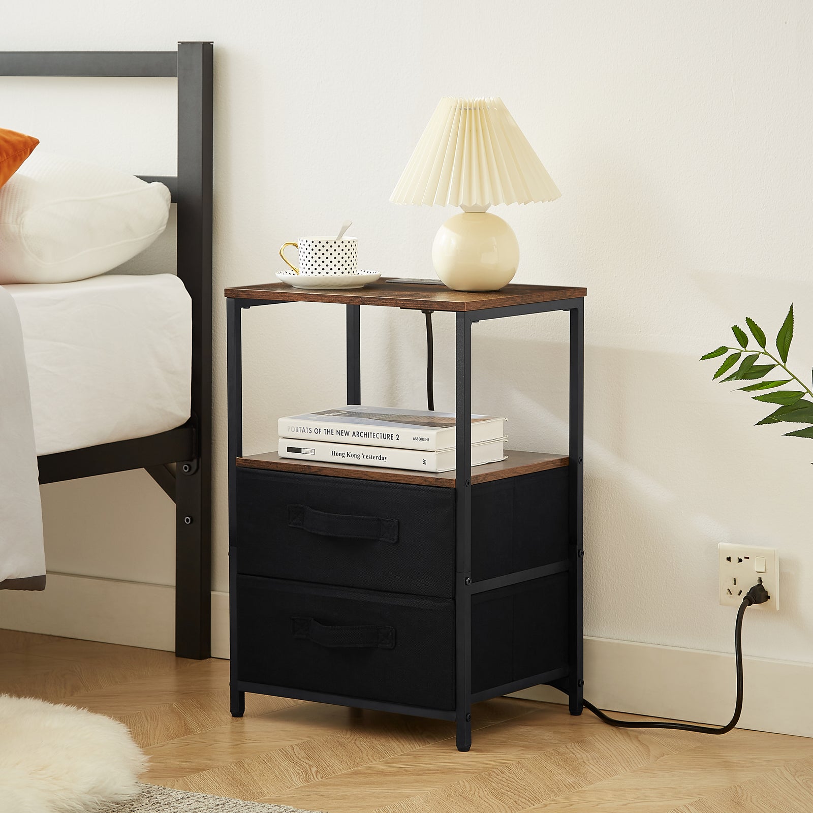 Nøordka Light Nightstand Default 16" Brown End Table with Charging Station & Open Storage