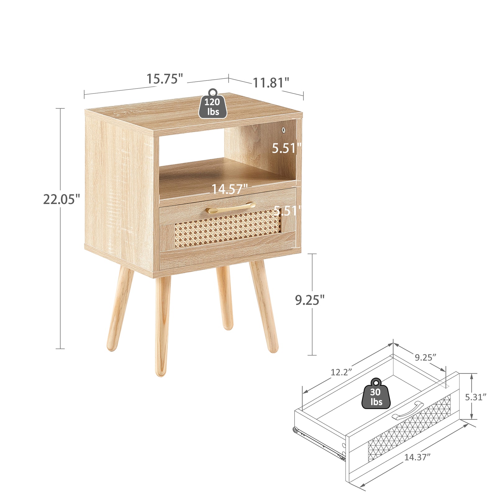 Nøordka Light Nightstand Default 16" Natural Rattan End Table with Drawer & Solid Wood Legs