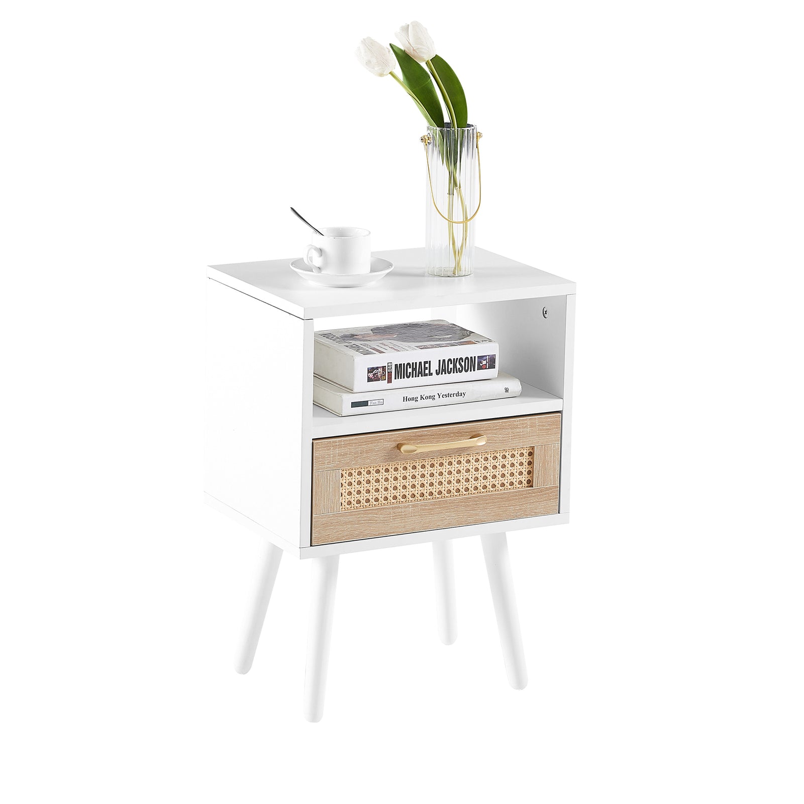 Nøordka Light Nightstand Default 16" White Rattan End Table with Drawer & Solid Wood Legs